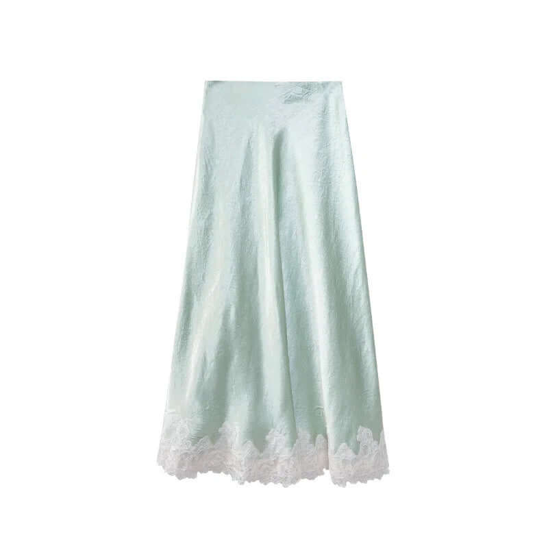 Crinkle Satin Midi Skirt with a Vintage Lace Trim - Sage Green