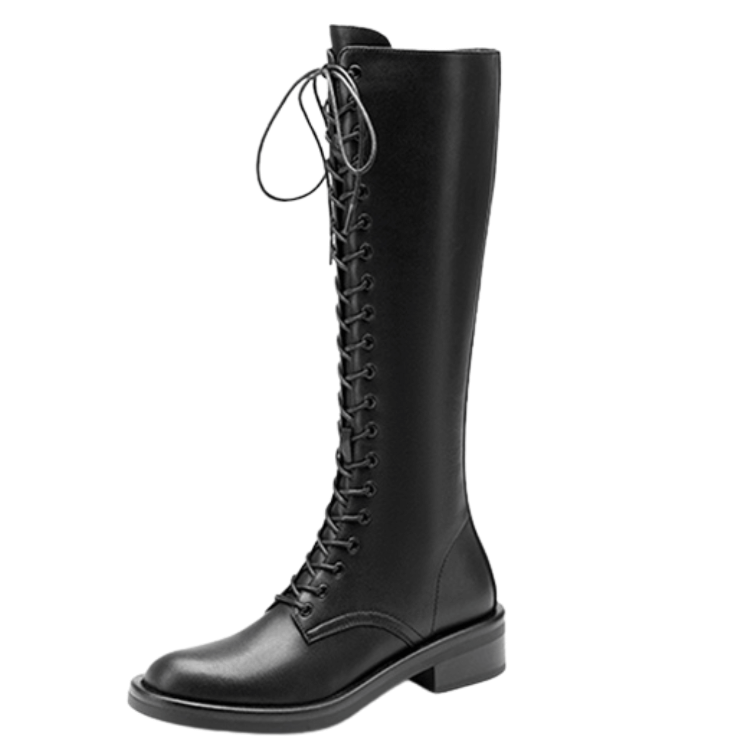 zalinah white KNEE HIGH LACE UP FLAT BOOTS - BLACK LEATHER