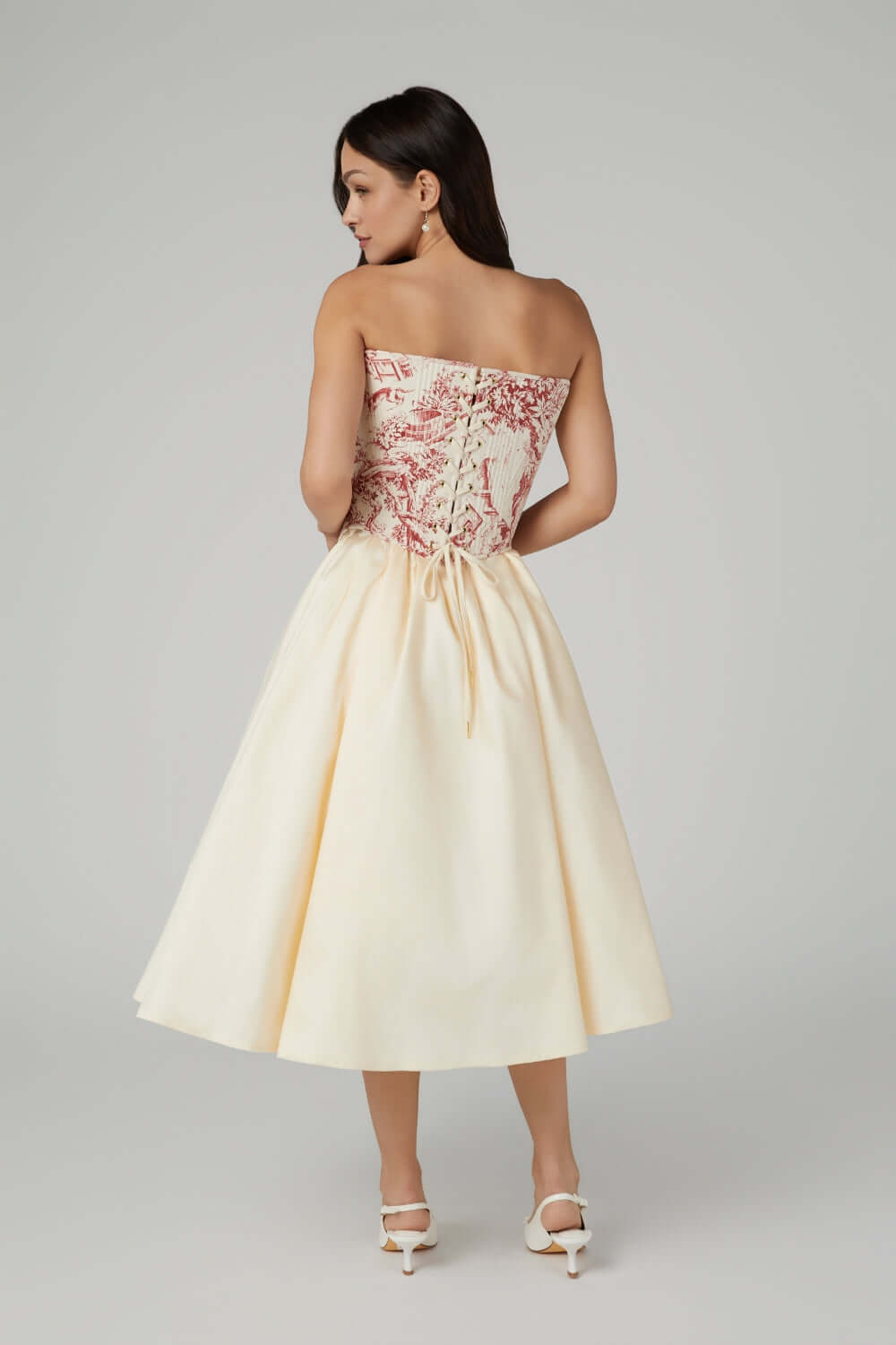 Red Toile De Jouy Corset Top – Strapless Boned & Cropped in Modern Edwardian Style