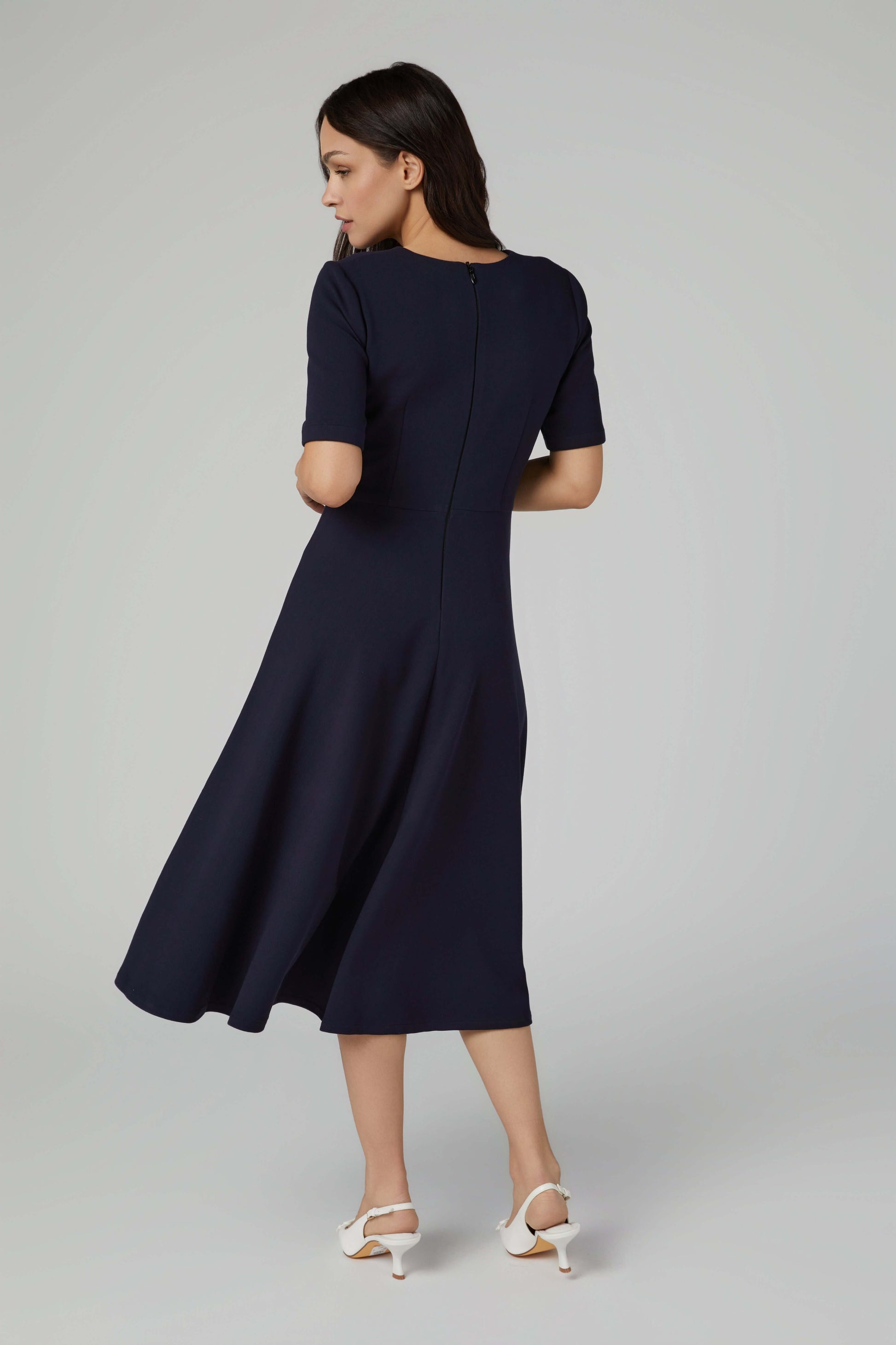 Fit and Flare Dress – Pleated Neckline & Short Sleeves in Ponte Piqué