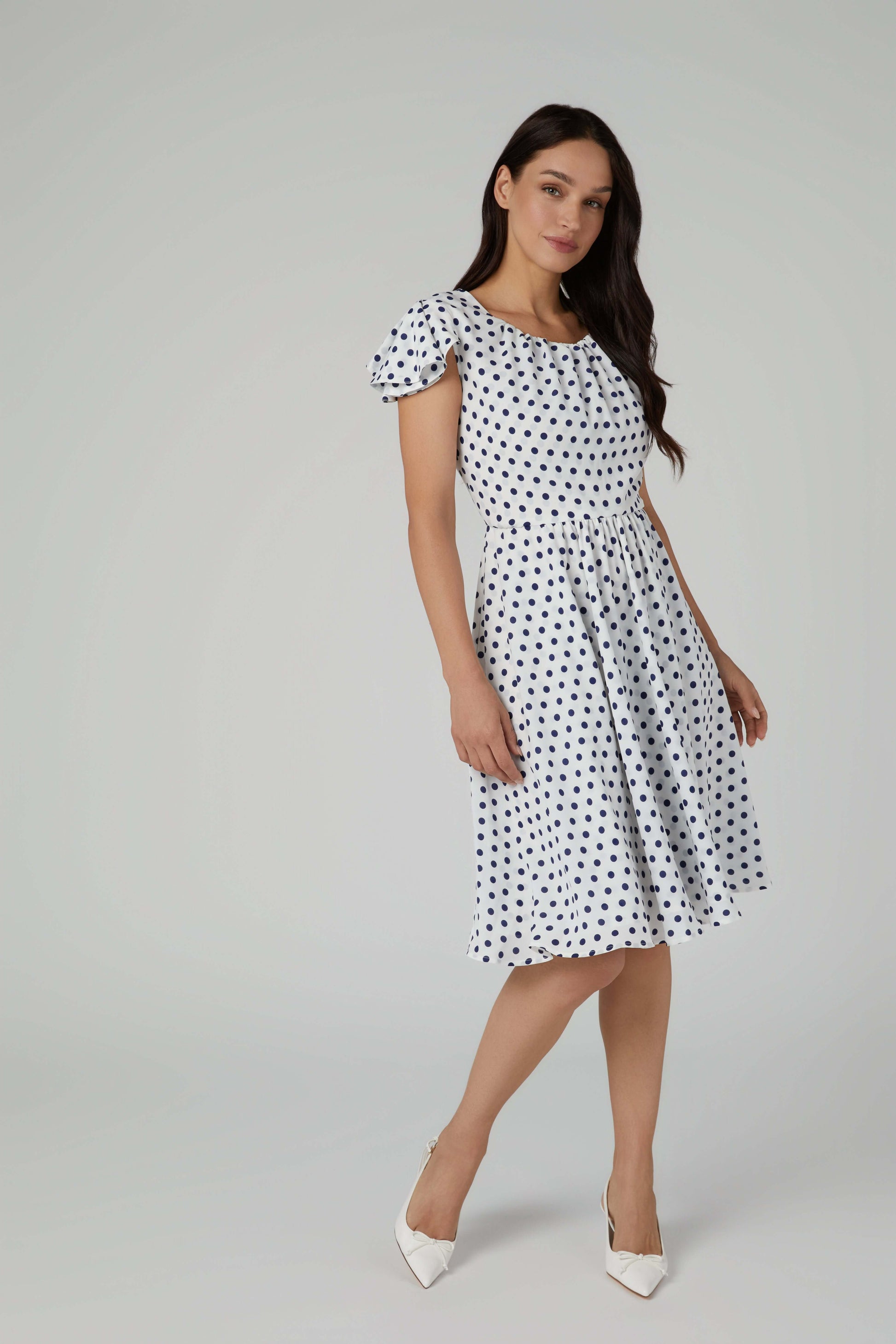 Navy & White Polka Dot Fit and Flare Dress with Flared Cap Sleeves - Crepe de Chine 