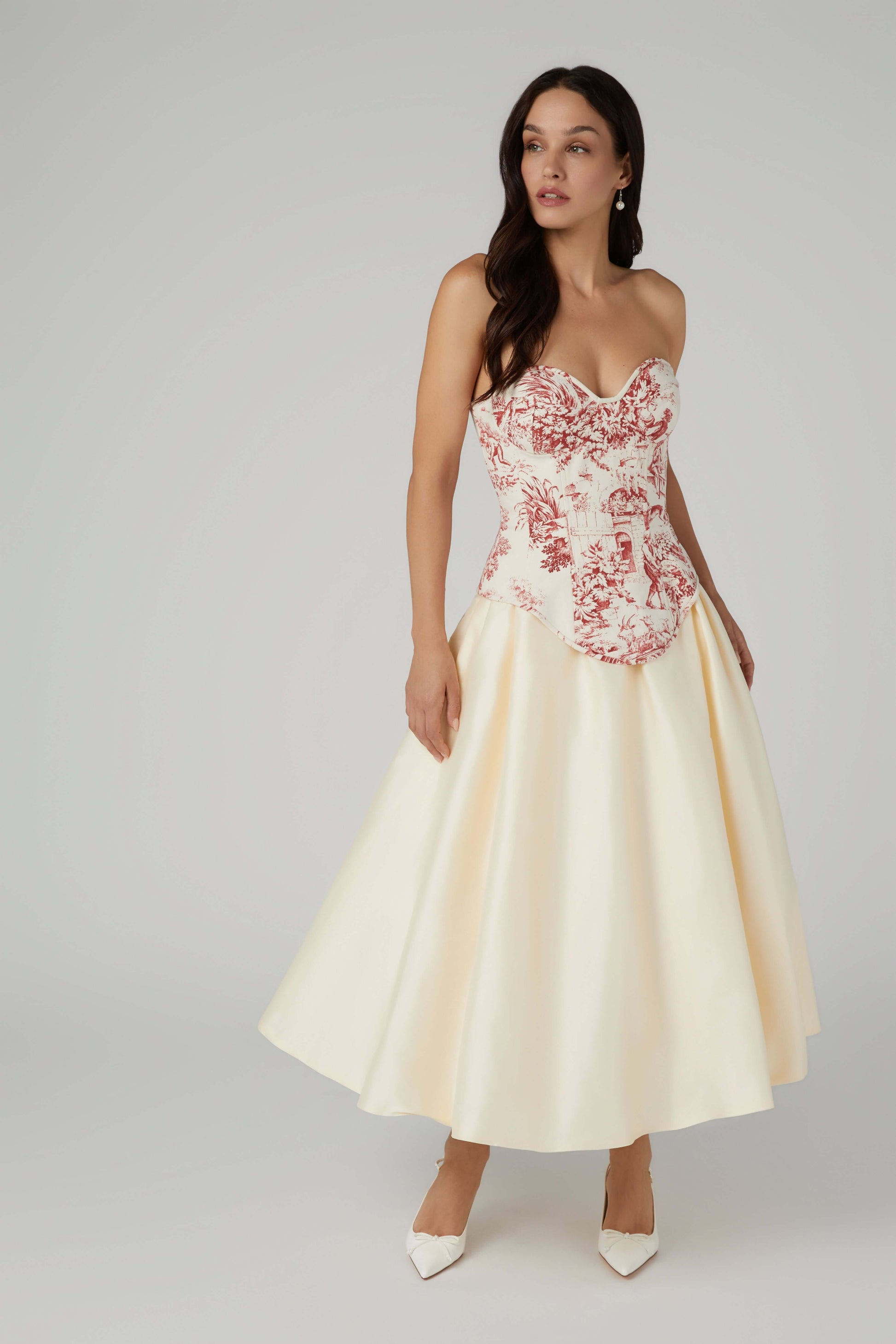 Red Toile Corset Top – Strapless Boned Bustier in French Pastoral Print - Azure