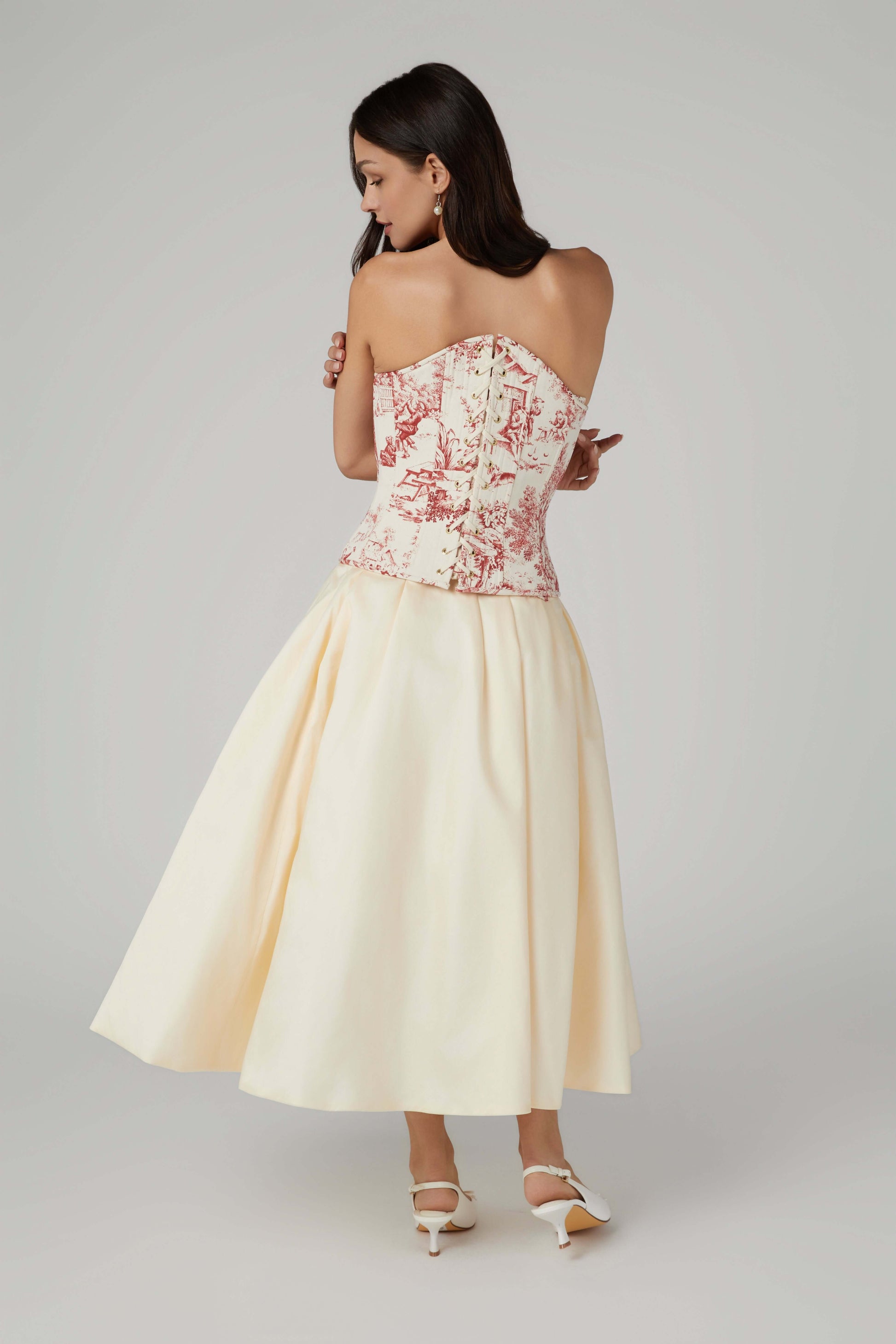 Red Toile Corset Top – Strapless Boned Bustier in French Pastoral Print - Azure