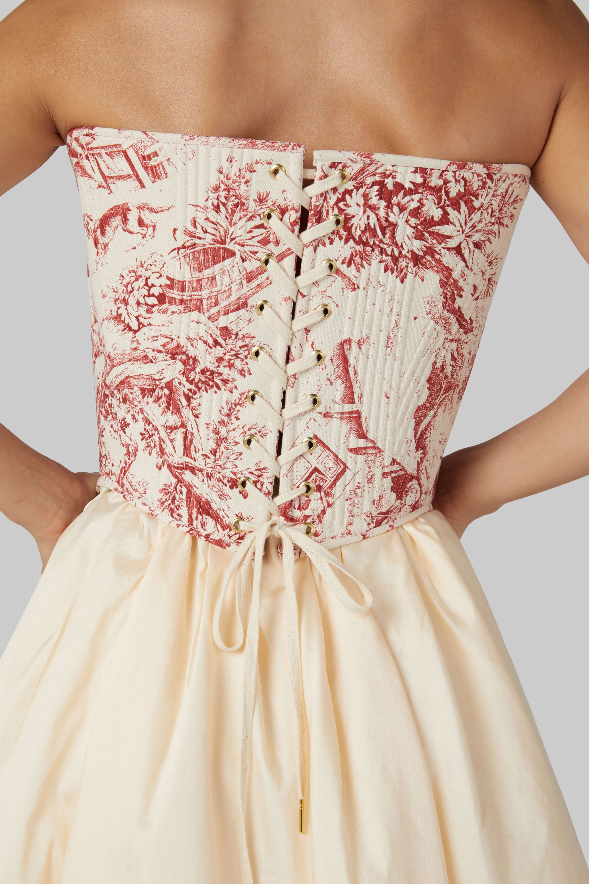 Red Toile De Jouy Corset Top – Strapless Boned & Cropped in Modern Edwardian Style