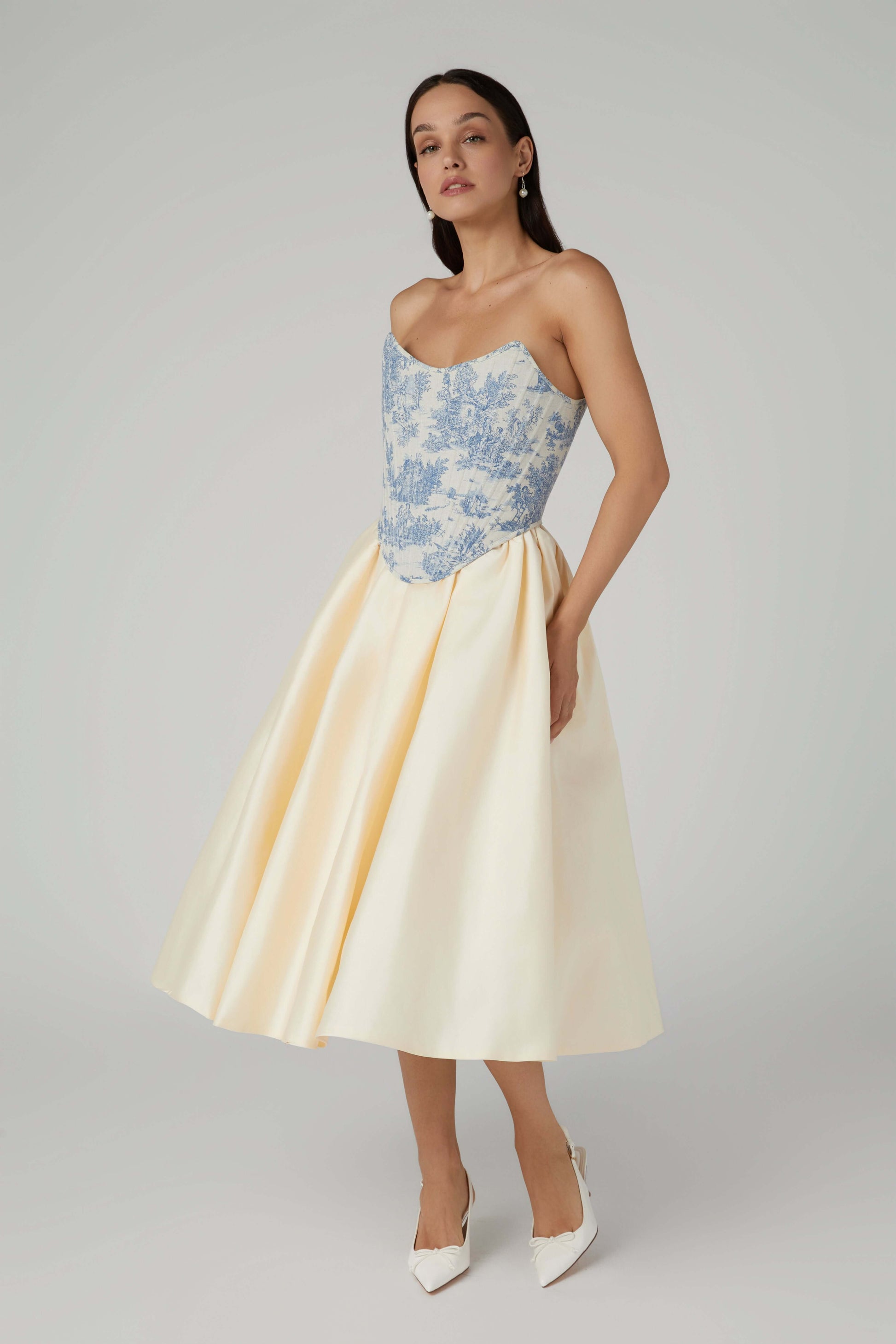 Blue Toile De Jouy Corset Top – Strapless Boned & Cropped in Modern Edwardian Style