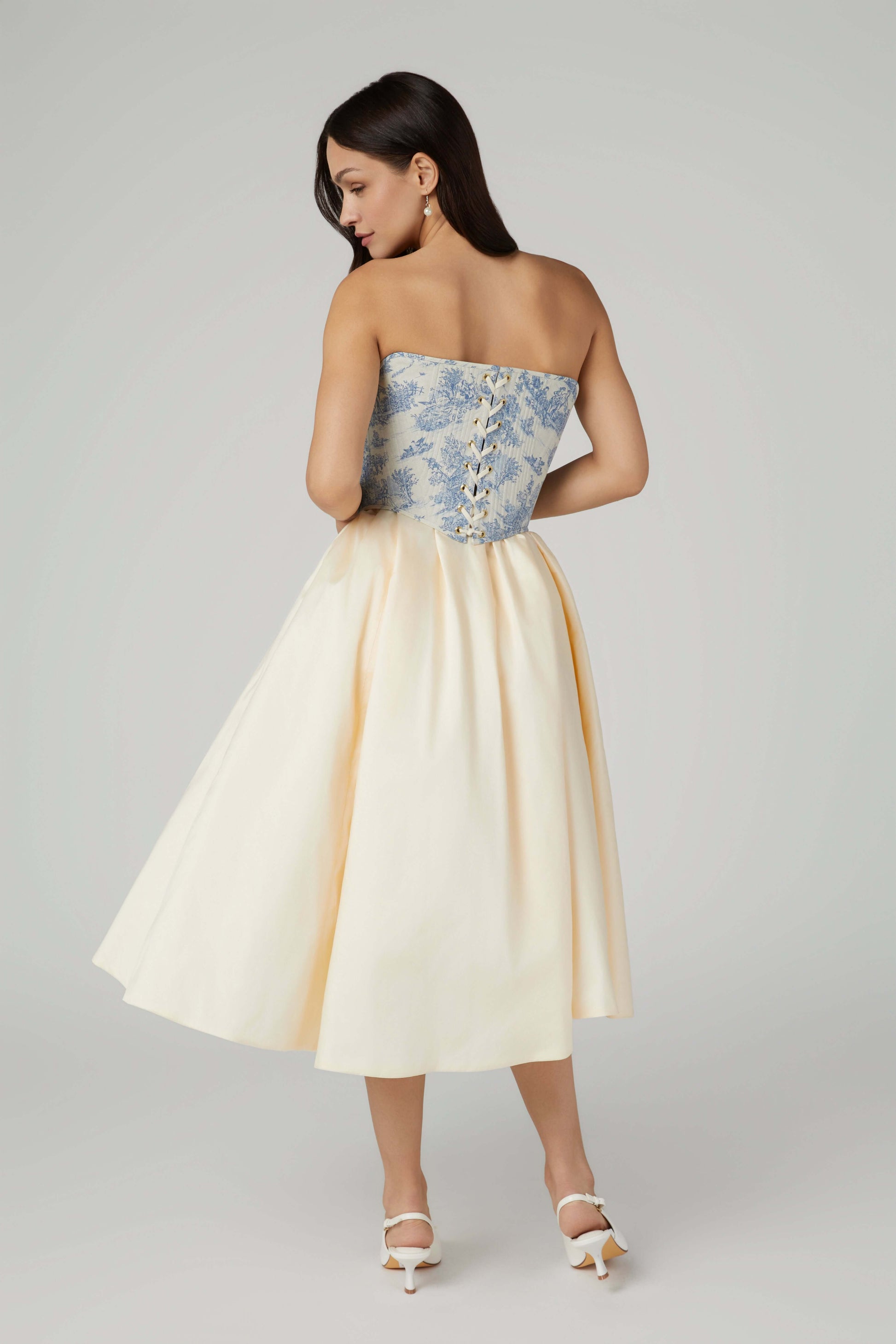Blue Toile De Jouy Corset Top – Strapless Boned & Cropped in Modern Edwardian Style
