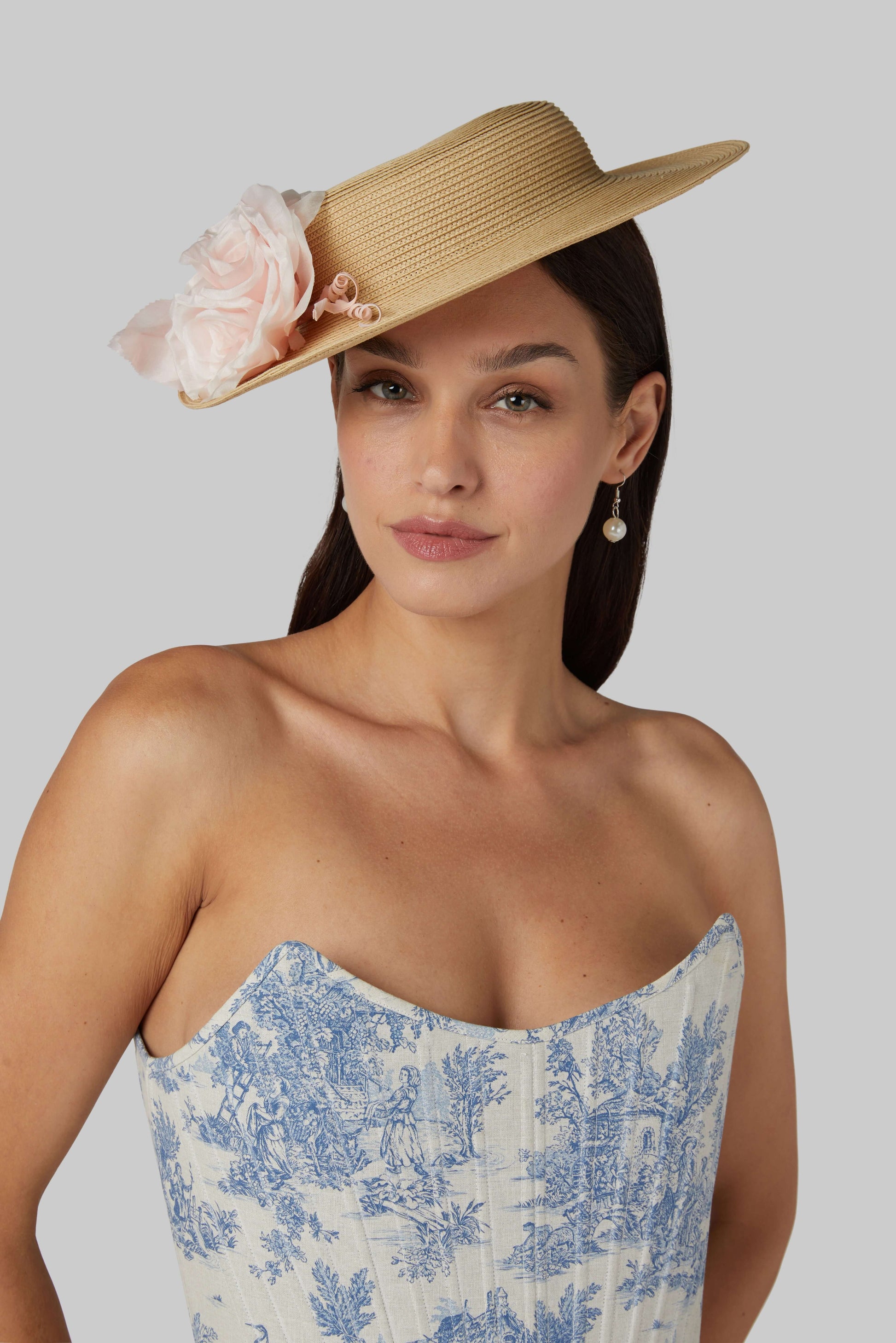Blue Toile De Jouy Corset Top – Strapless Boned & Cropped in Modern Edwardian Style
