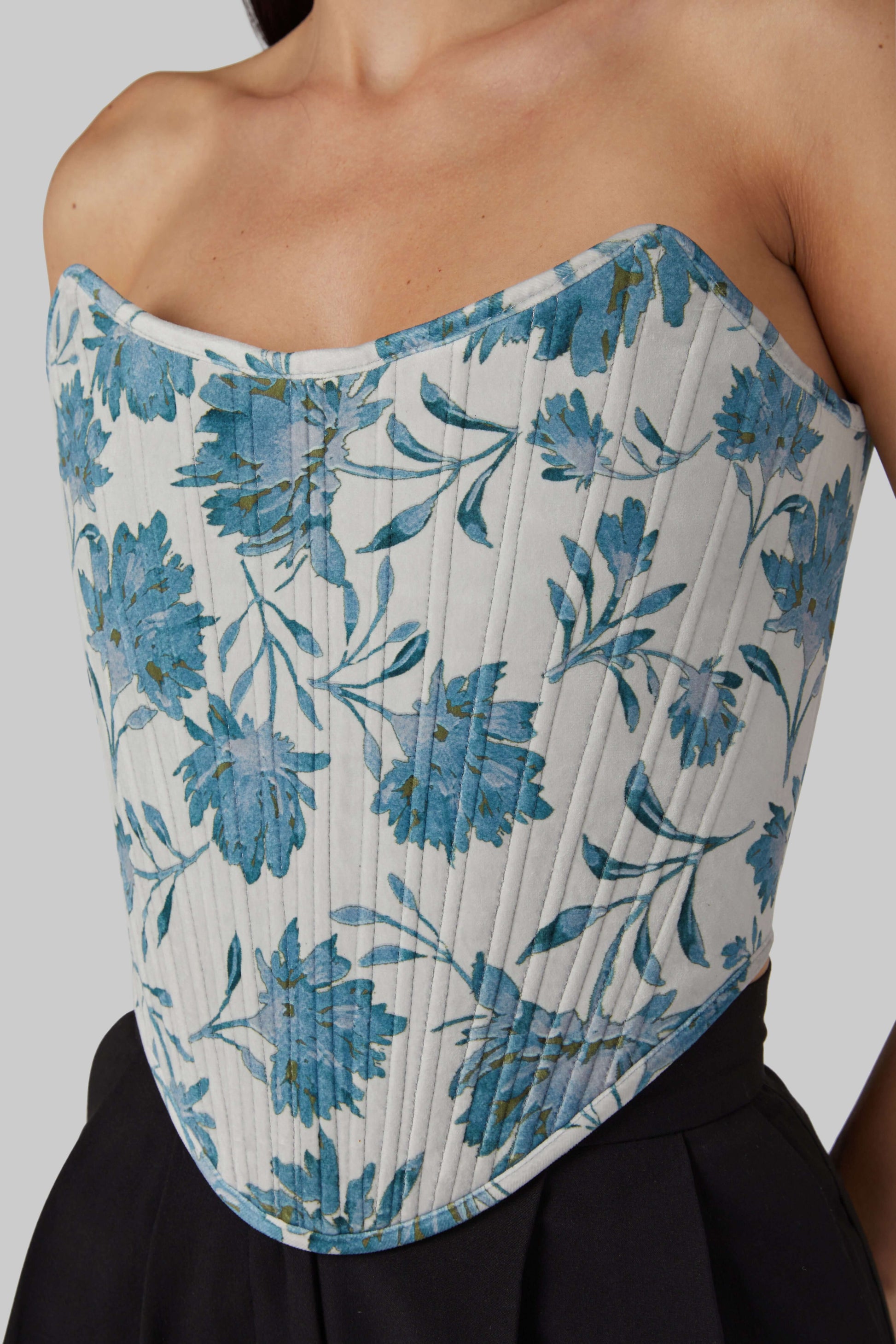 Blue Velvet Corset Top – Strapless Boned & Cropped in Modern Edwardian Style