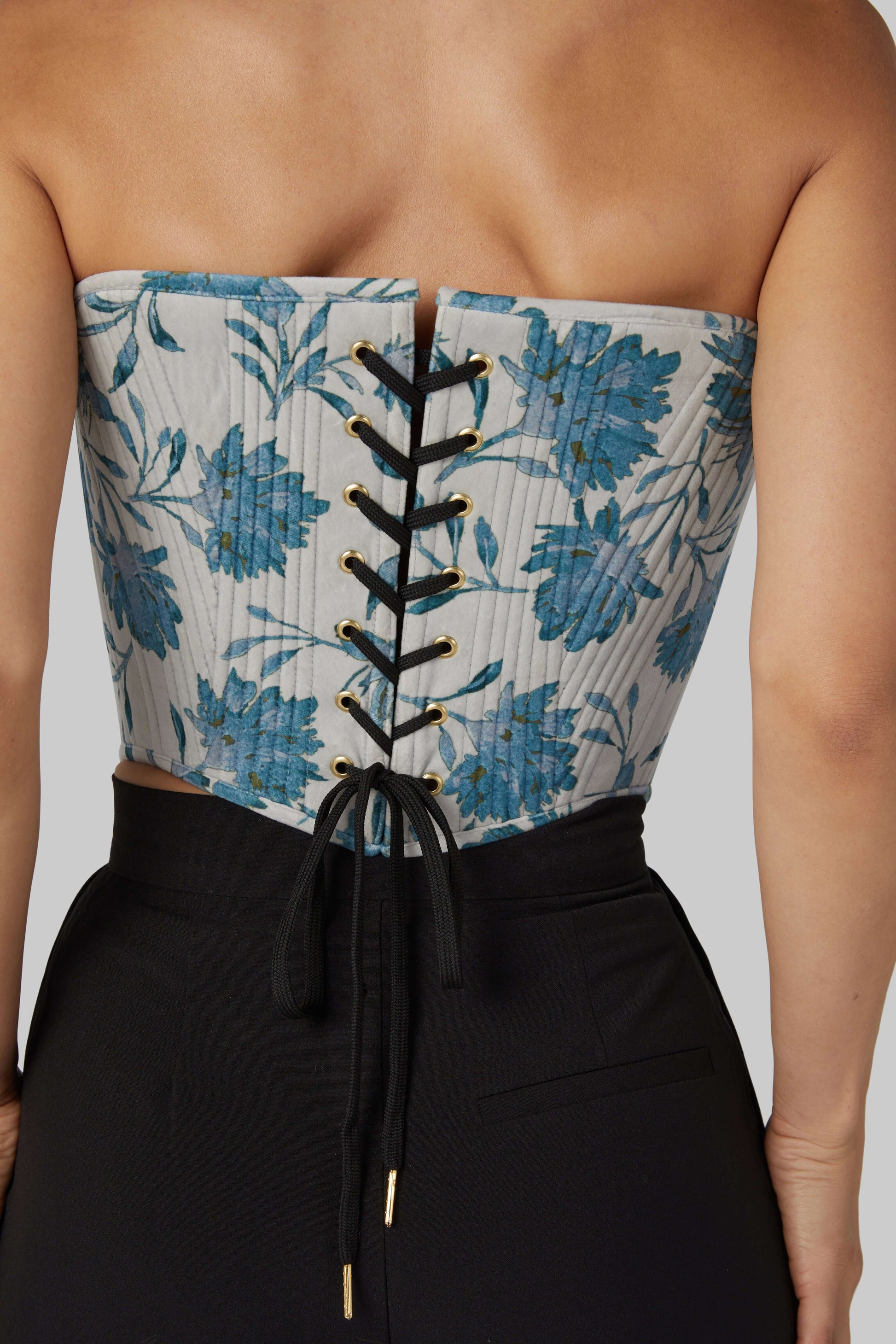 Blue Velvet Corset Top – Strapless Boned & Cropped in Modern Edwardian Style