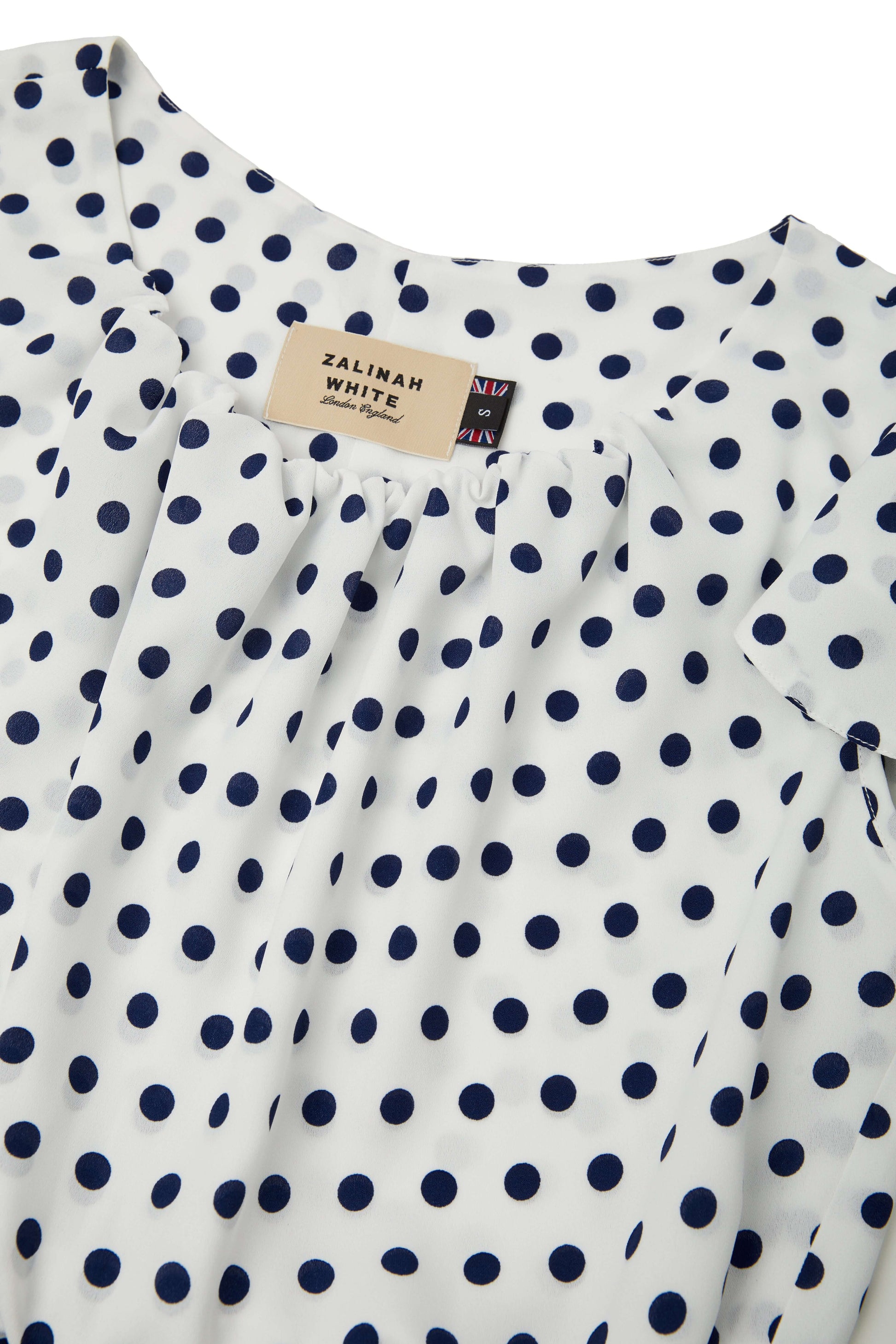 Navy & White Polka Dot Fit and Flare Dress with Flared Cap Sleeves - Crepe de Chine 