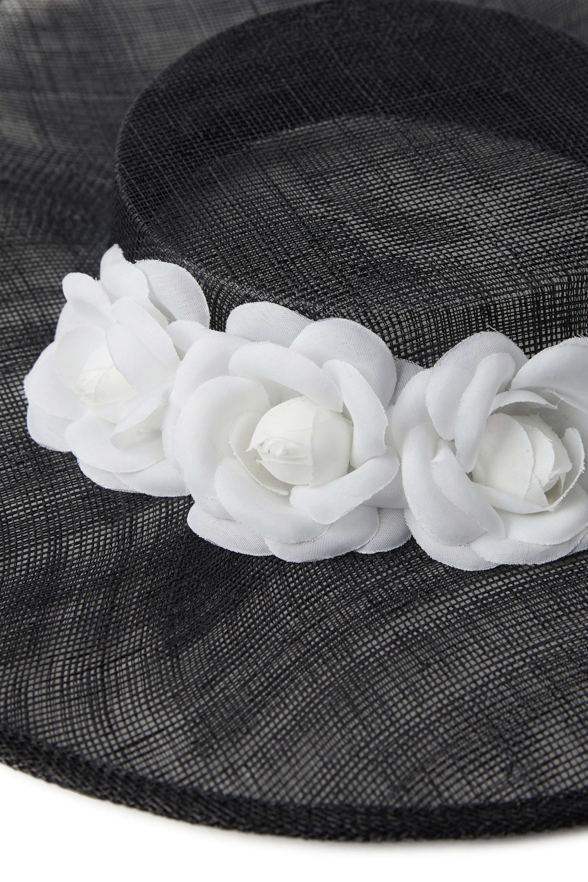 Wide Brim Flat Top Sinamay Boater Hat with White Camellia Rose Flowers and Fitted Elastic