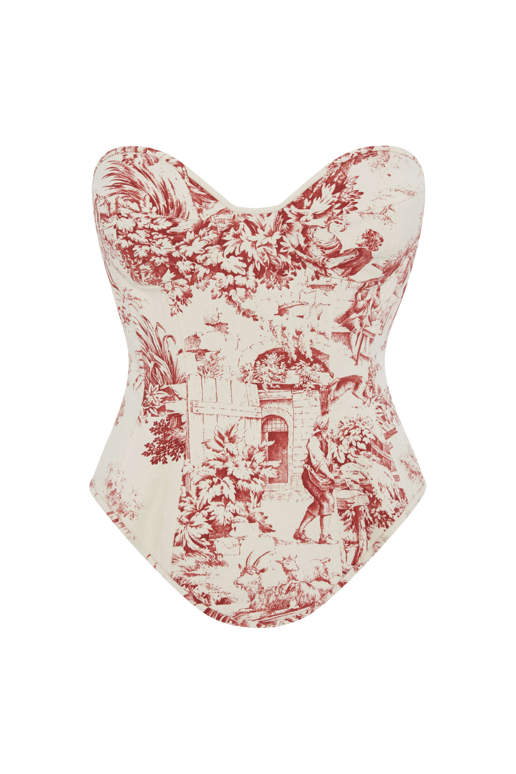 Red Toile Corset Top – Strapless Boned Bustier in French Pastoral Print - Azure