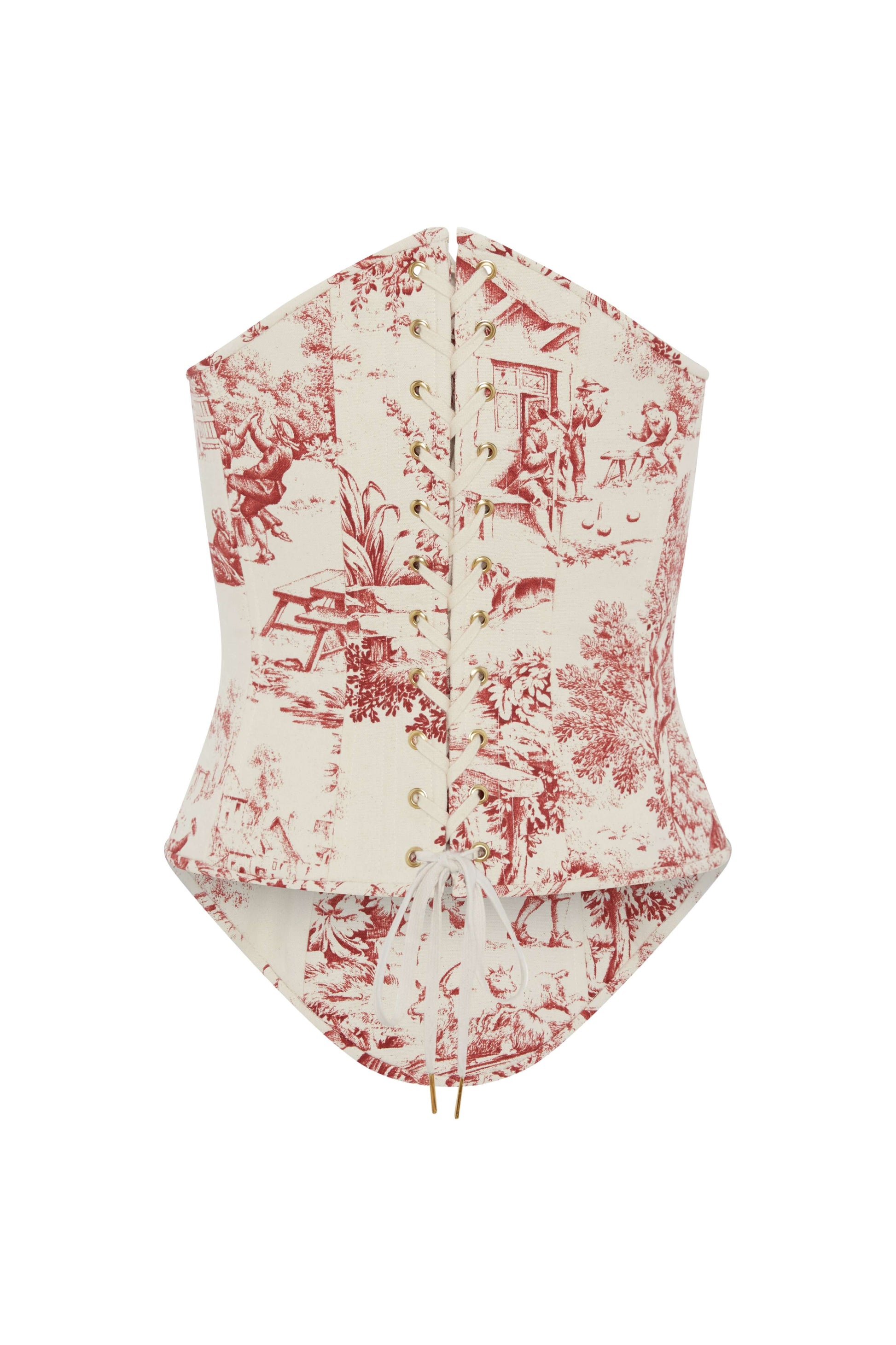 Red Toile Corset Top – Strapless Boned Bustier in French Pastoral Print - Azure