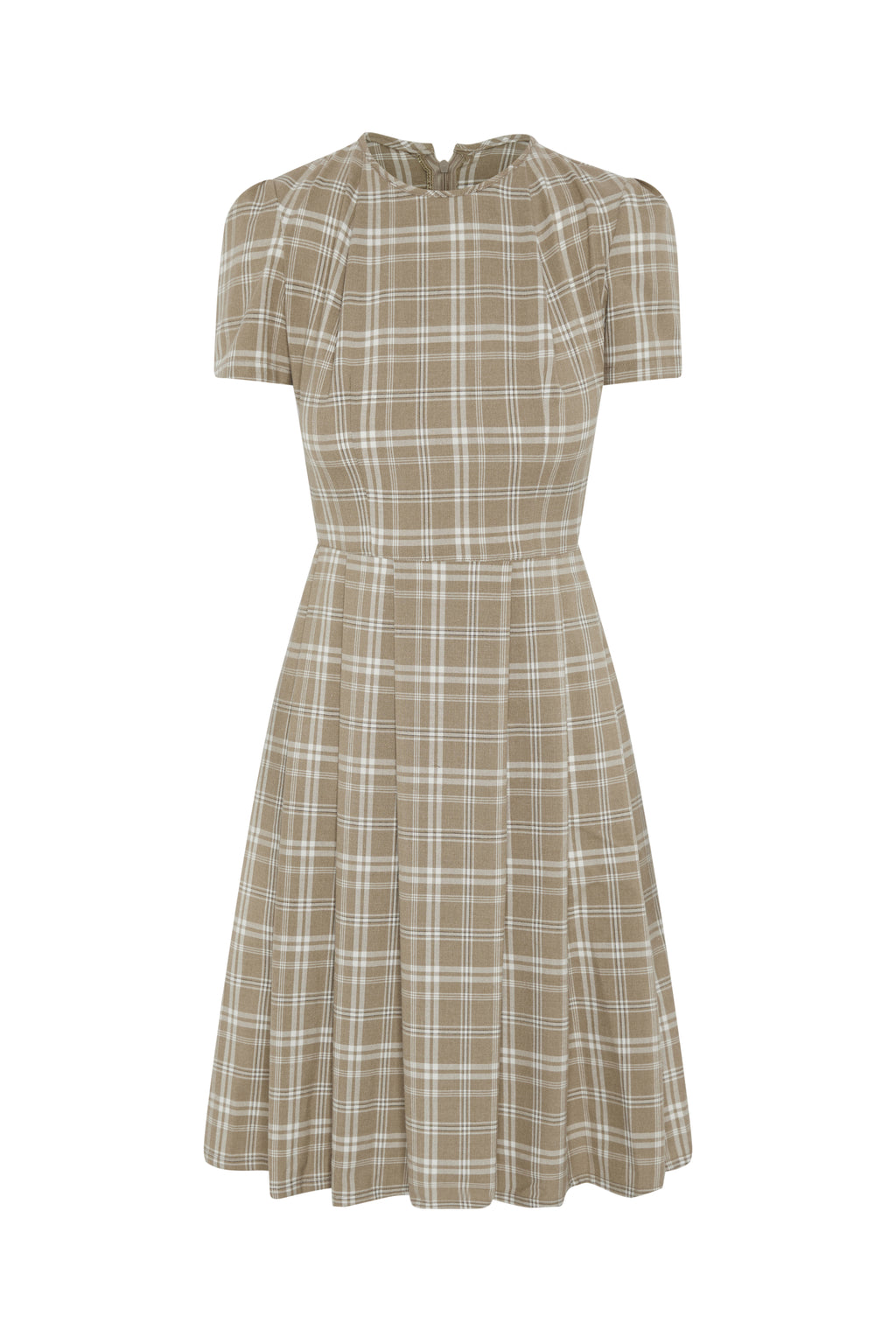 Brown Check Dress – Pleated Neckline Full Pleated Skirt