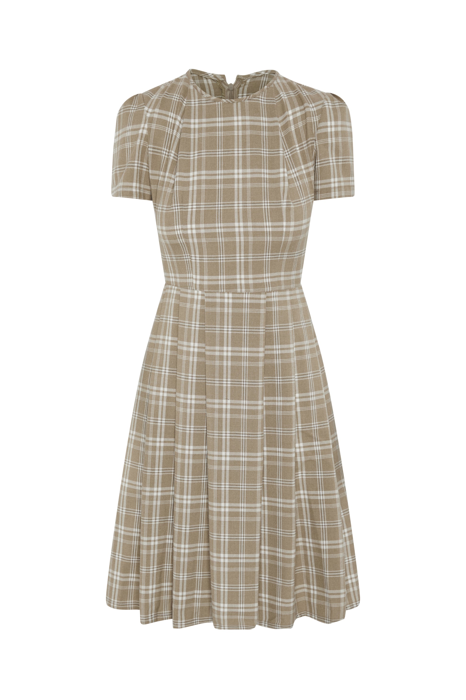 Brown Check Dress – Pleated Neckline Full Pleated Skirt