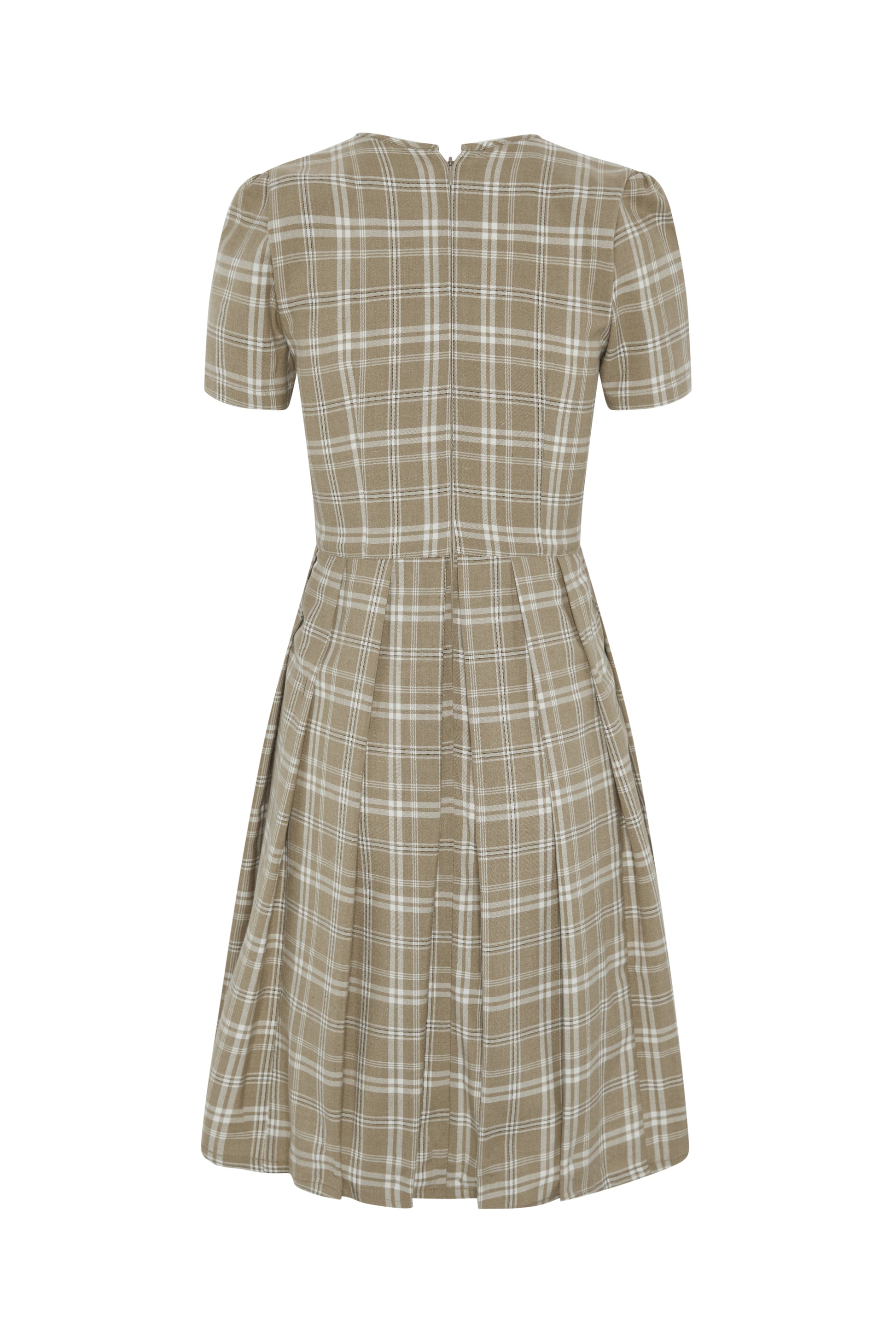 Brown Check Dress – Pleated Neckline Full Pleated Skirt