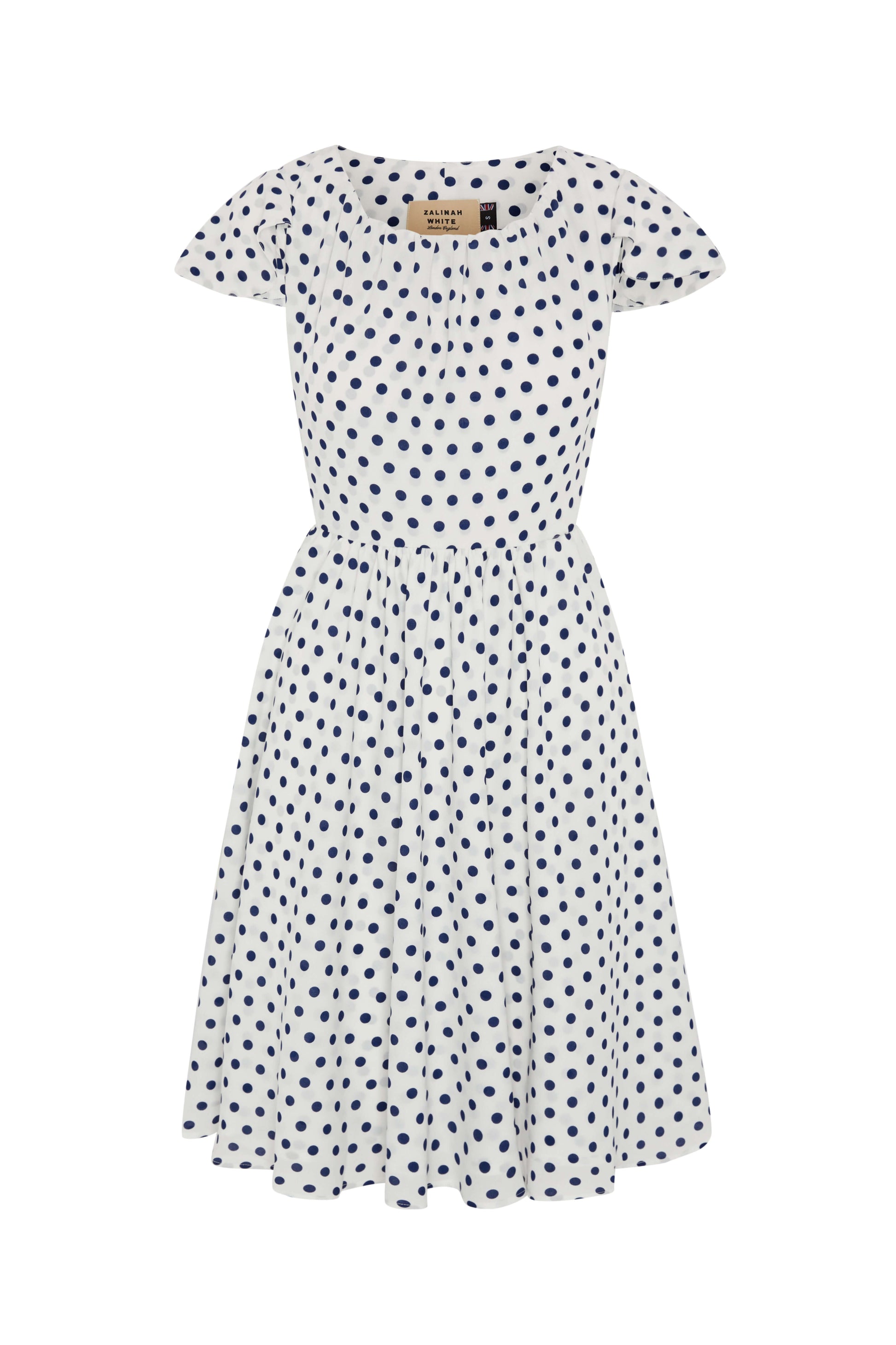 Navy & White Polka Dot Fit and Flare Dress with Flared Cap Sleeves - Crepe de Chine 