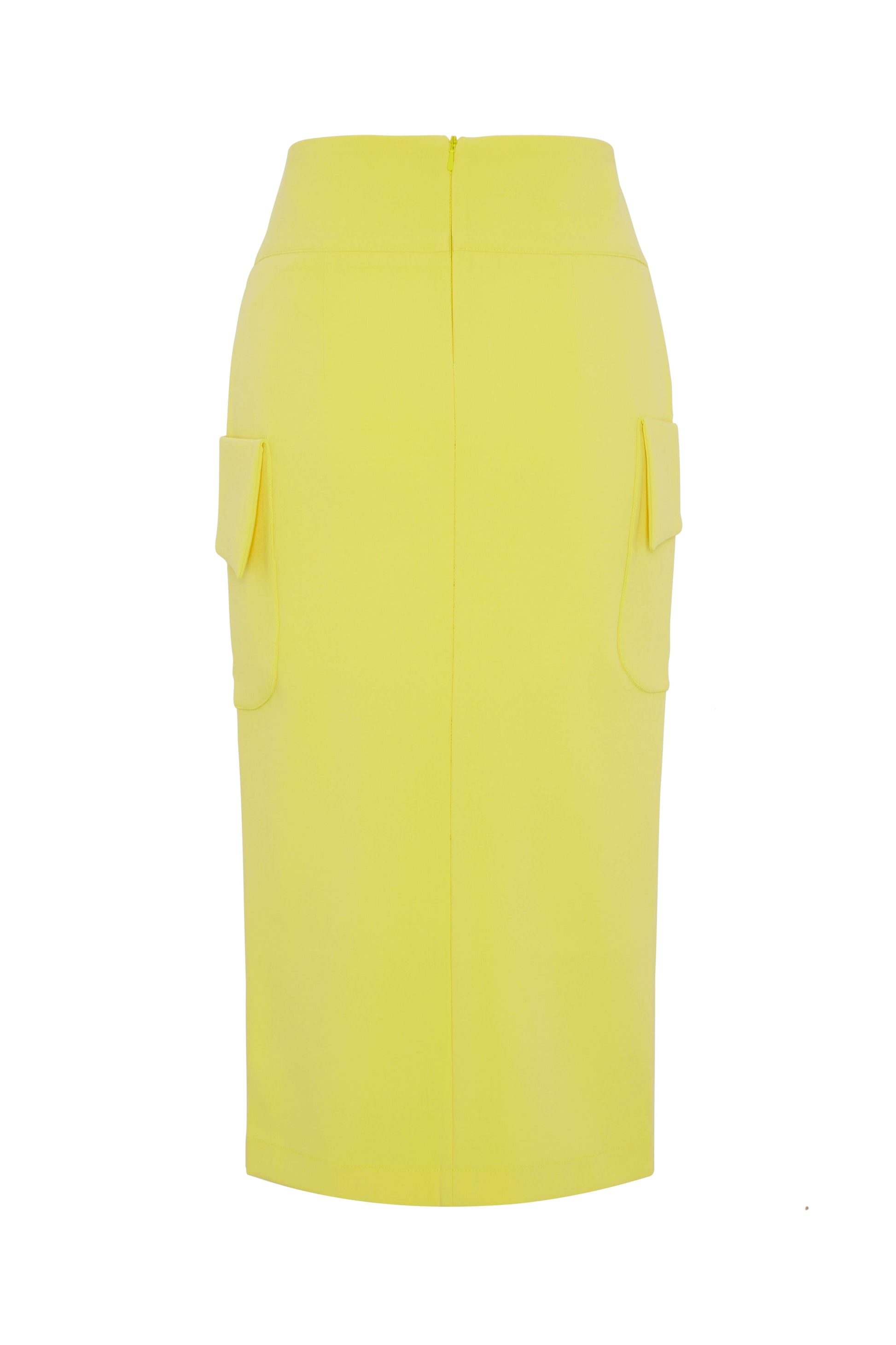 Tailored Yellow Midi Pencil Skirt – Front Slit & Statement Side Patch Pockets (Lined)