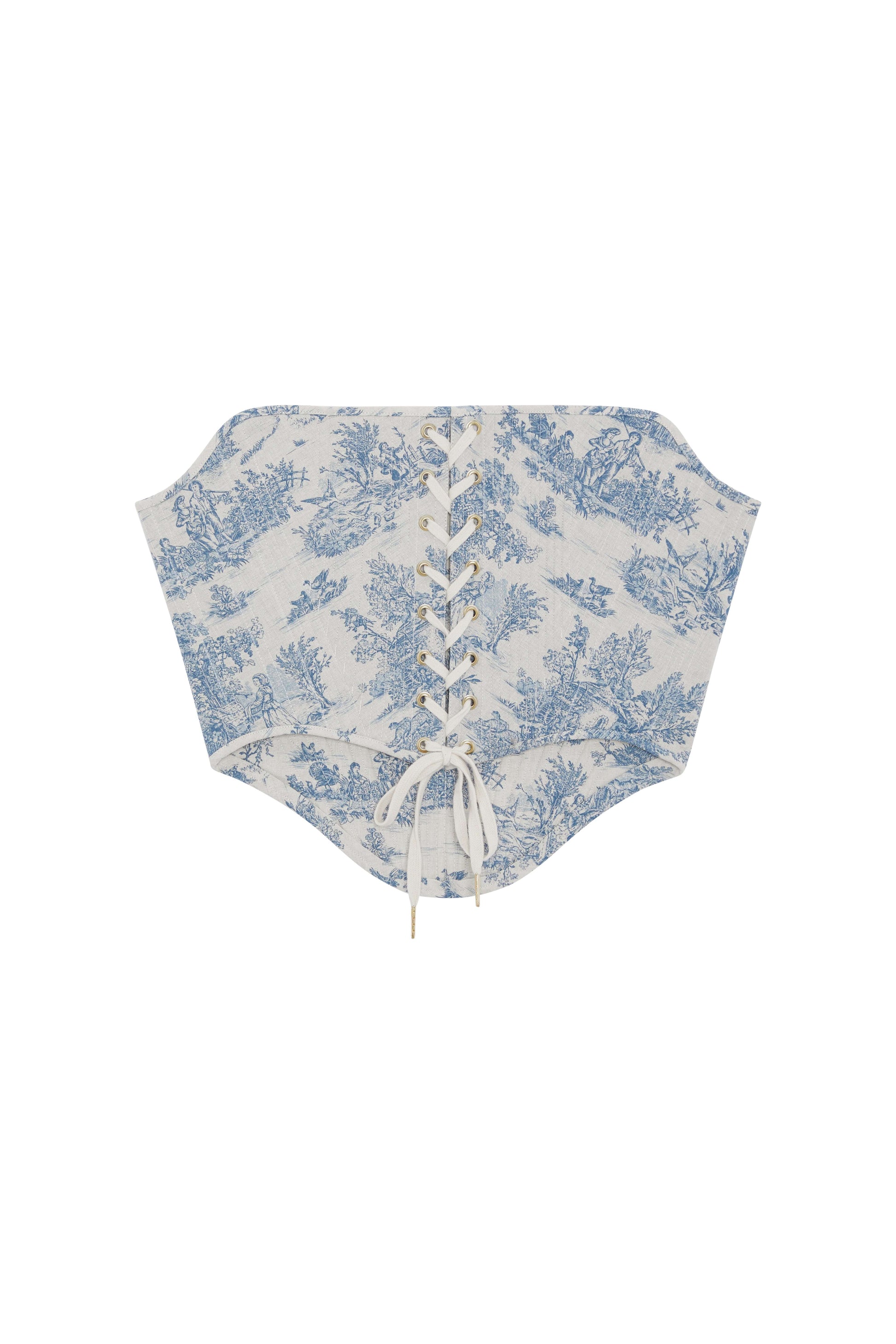 Blue Toile De Jouy Corset Top – Strapless Boned & Cropped in Modern Edwardian Style