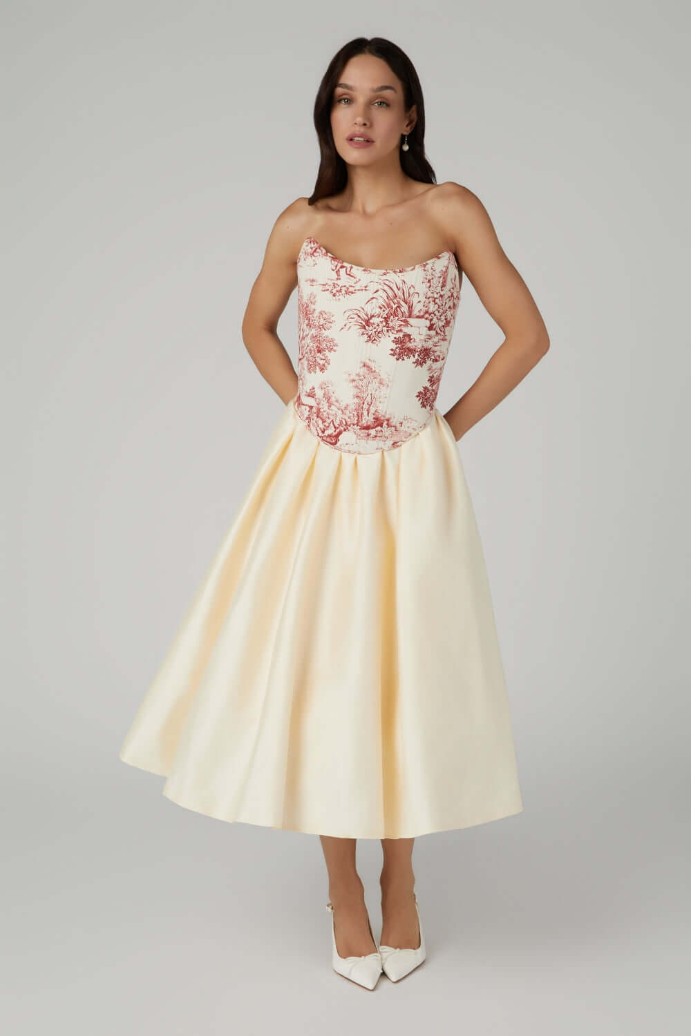 Red Toile De Jouy Corset Top – Strapless Boned & Cropped in Modern Edwardian Style