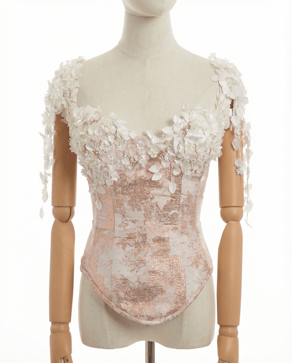 Rose Gold Metallic Jacquard Corset & Pleated Skirt Coord – Embellished 3D Floral Bustier