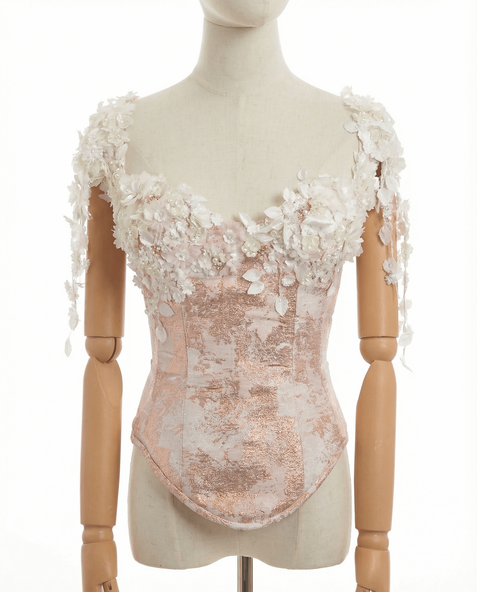Rose Gold Metallic Jacquard Corset & Pleated Skirt Coord – Embellished 3D Floral Bustier