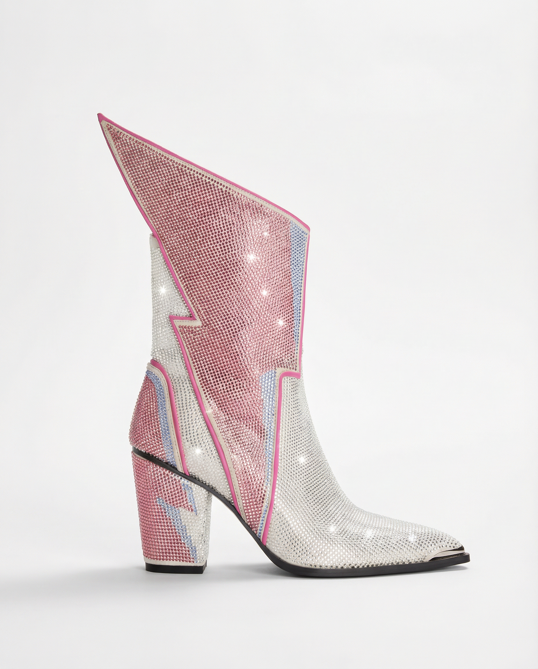 Lightning Bolt Crystal Ankle Boots in Pink & Silver | Glam Rock Statement Heels
