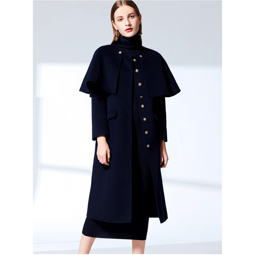 Zalinah White Military Style Long Coat With Removable Cape - Navy