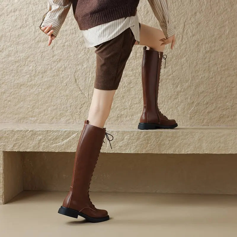 Square Toebox Knee High Riding Leather Lace Up Boots - Brown with Black Sole