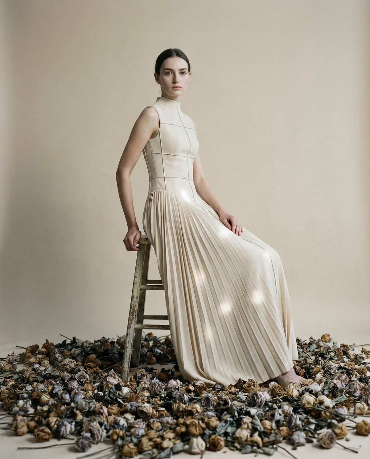 Architectural Bodice Dress with Soft Pleated Skirt