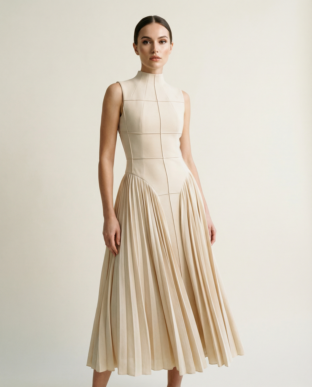 Architectural Bodice Dress with Soft Pleated Skirt