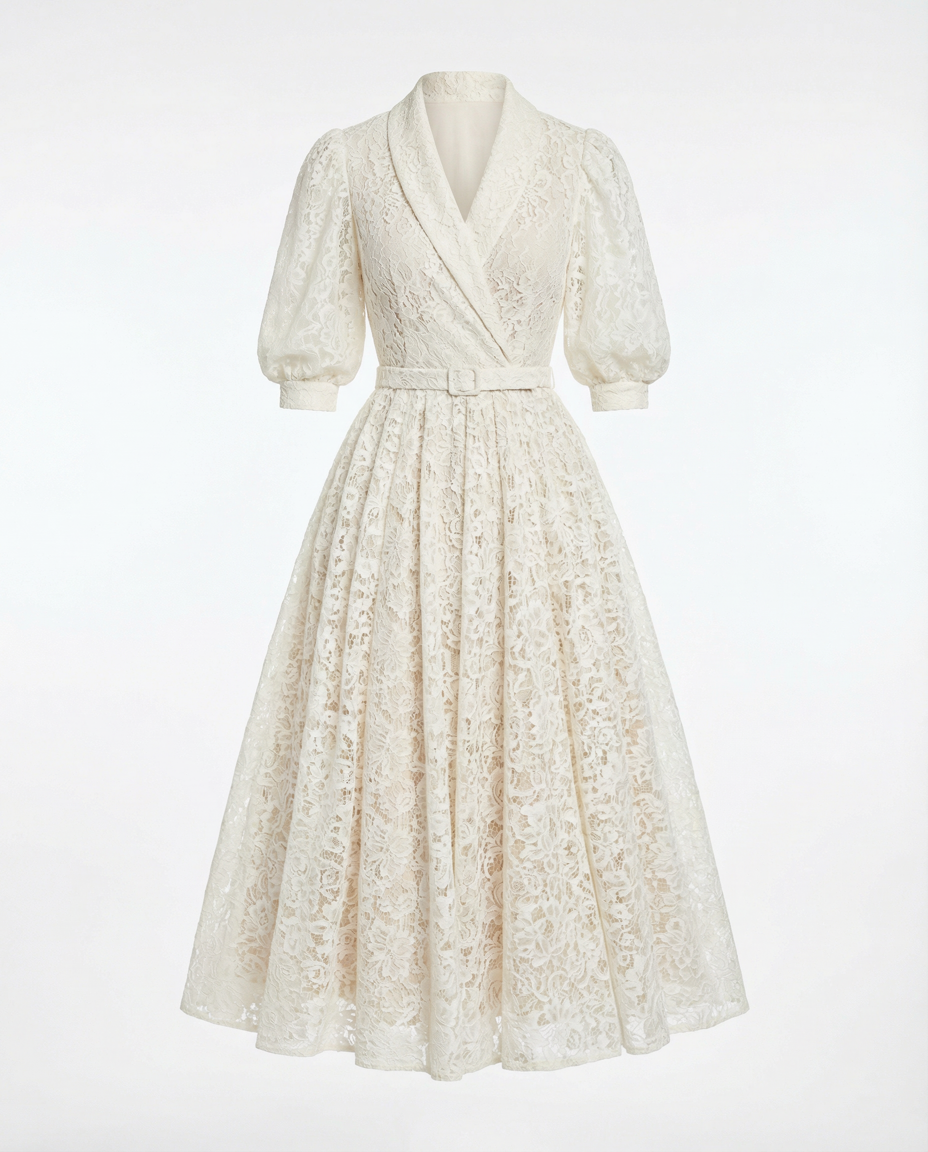 Ivory Lace Shawl-Collar Midi Dress with Belted Waist