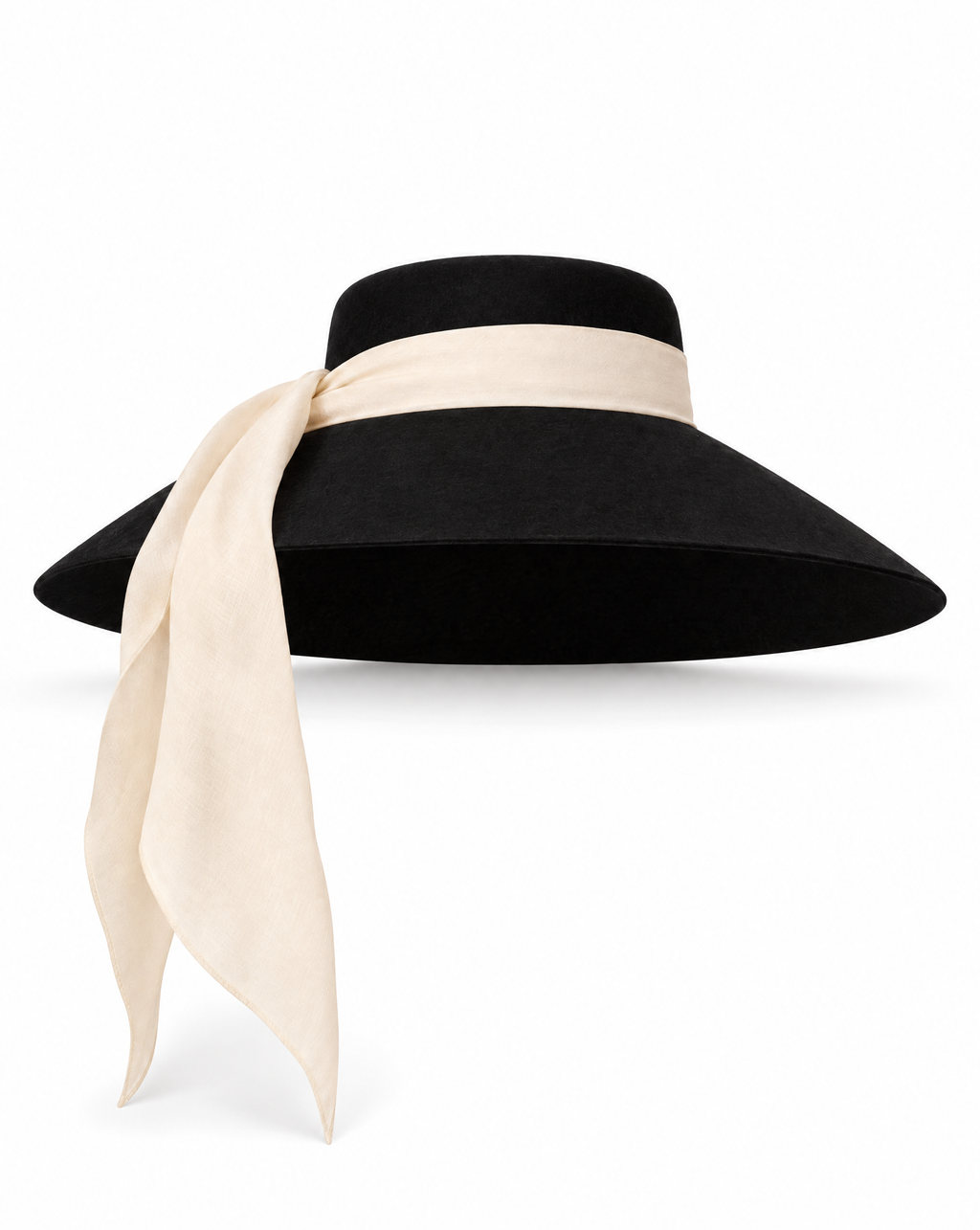 Audrey-Inspired Black Wide Brim Felt Hat with Removable Sash
