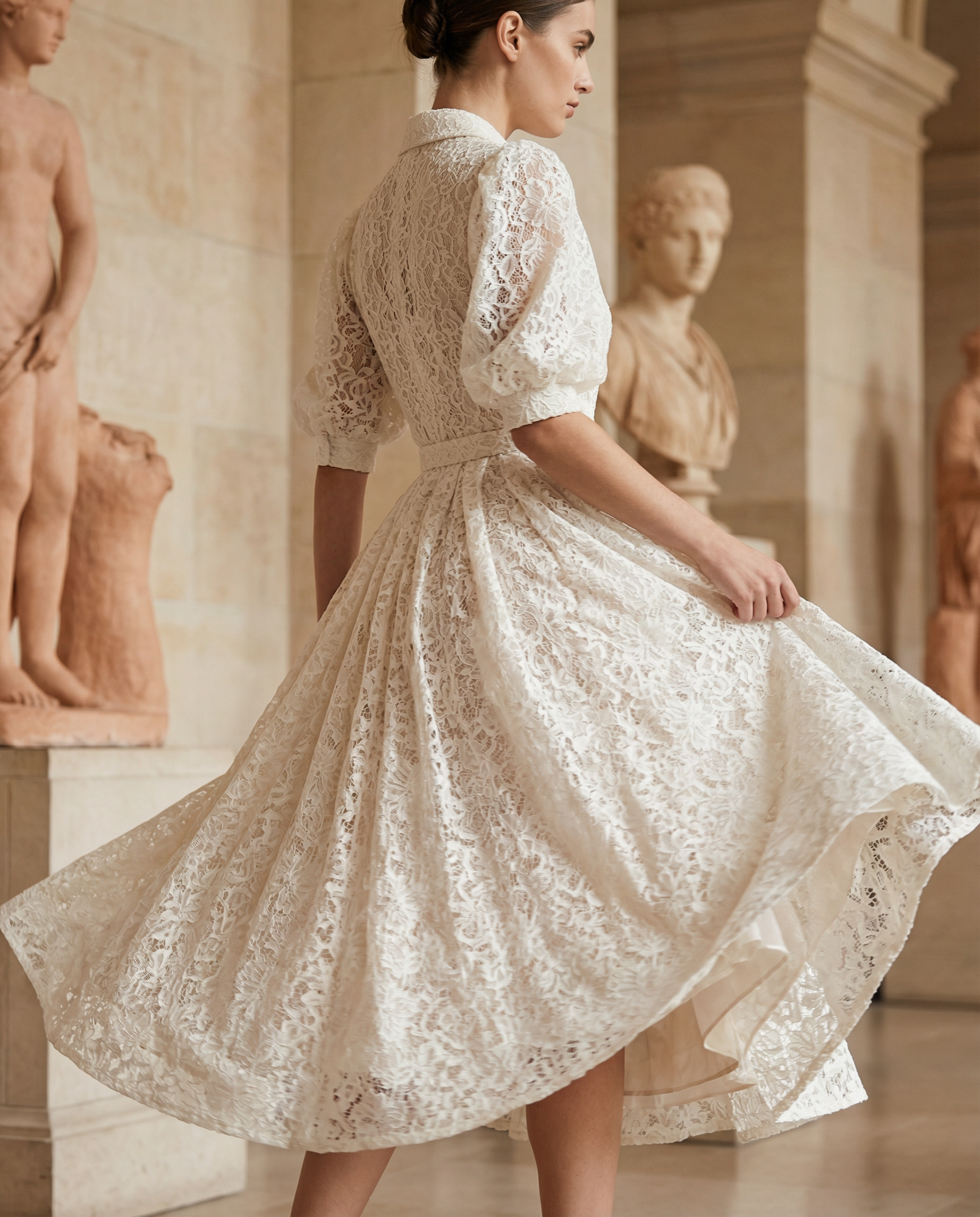 Ivory Lace Shawl-Collar Midi Dress with Belted Waist