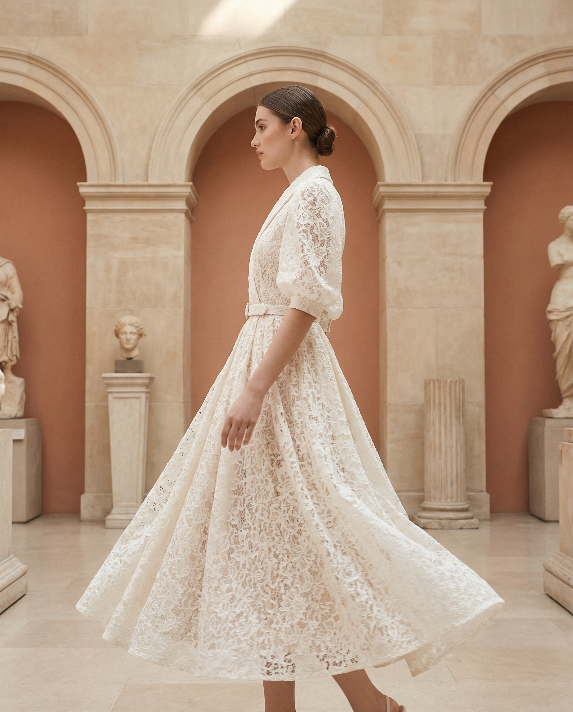 Ivory Lace Shawl-Collar Midi Dress with Belted Waist