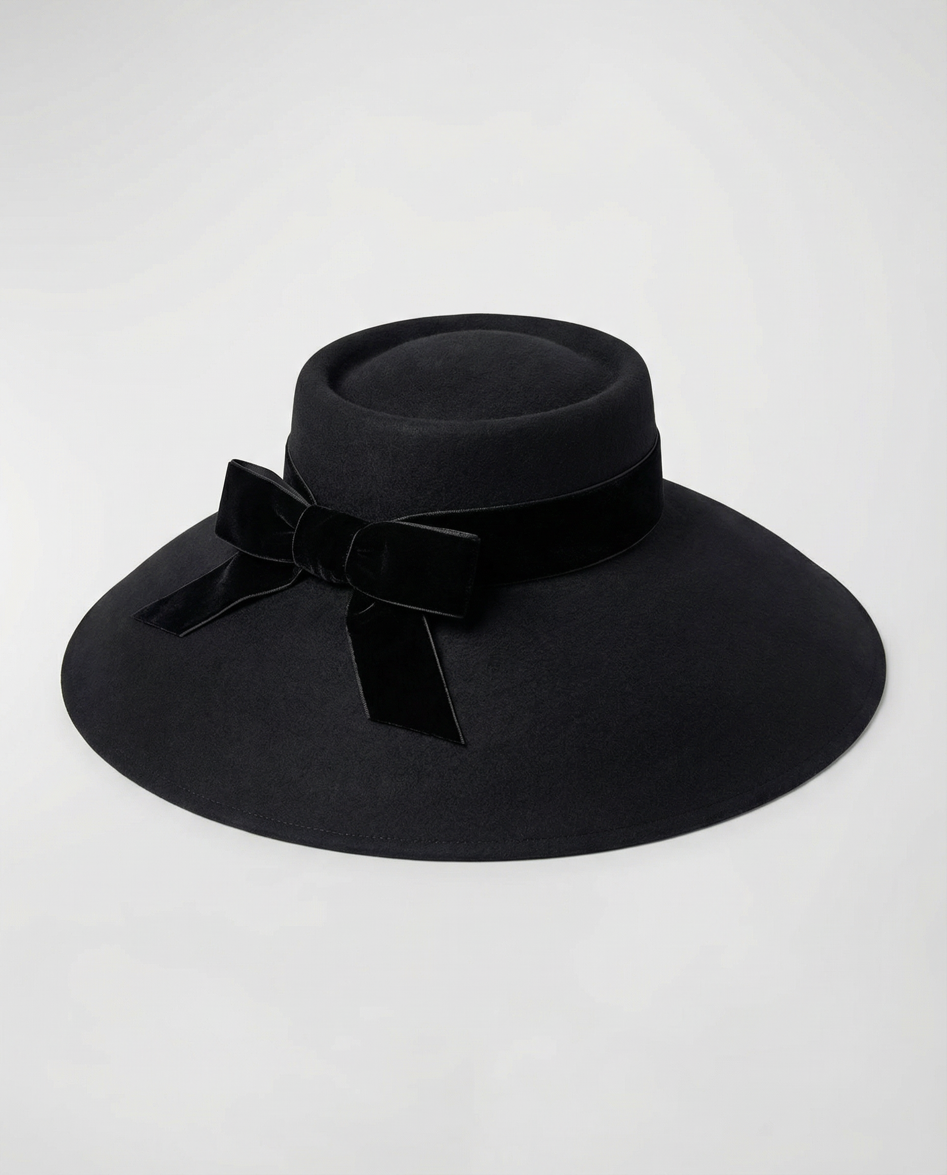 Audrey-Inspired Black Wide Brim Felt Hat with Bow