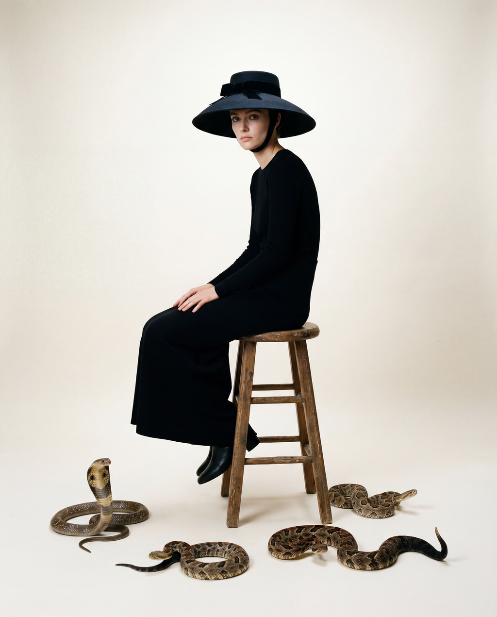 Audrey-Inspired Black Wide Brim Felt Hat with Bow