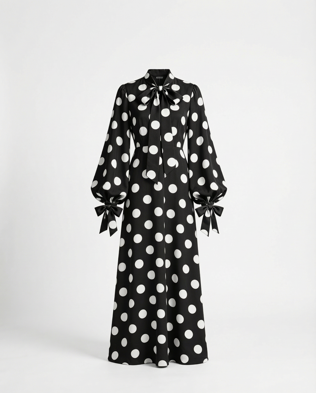 Polka-Dot Silk Maxi Dress with Pussy-Bow Neck