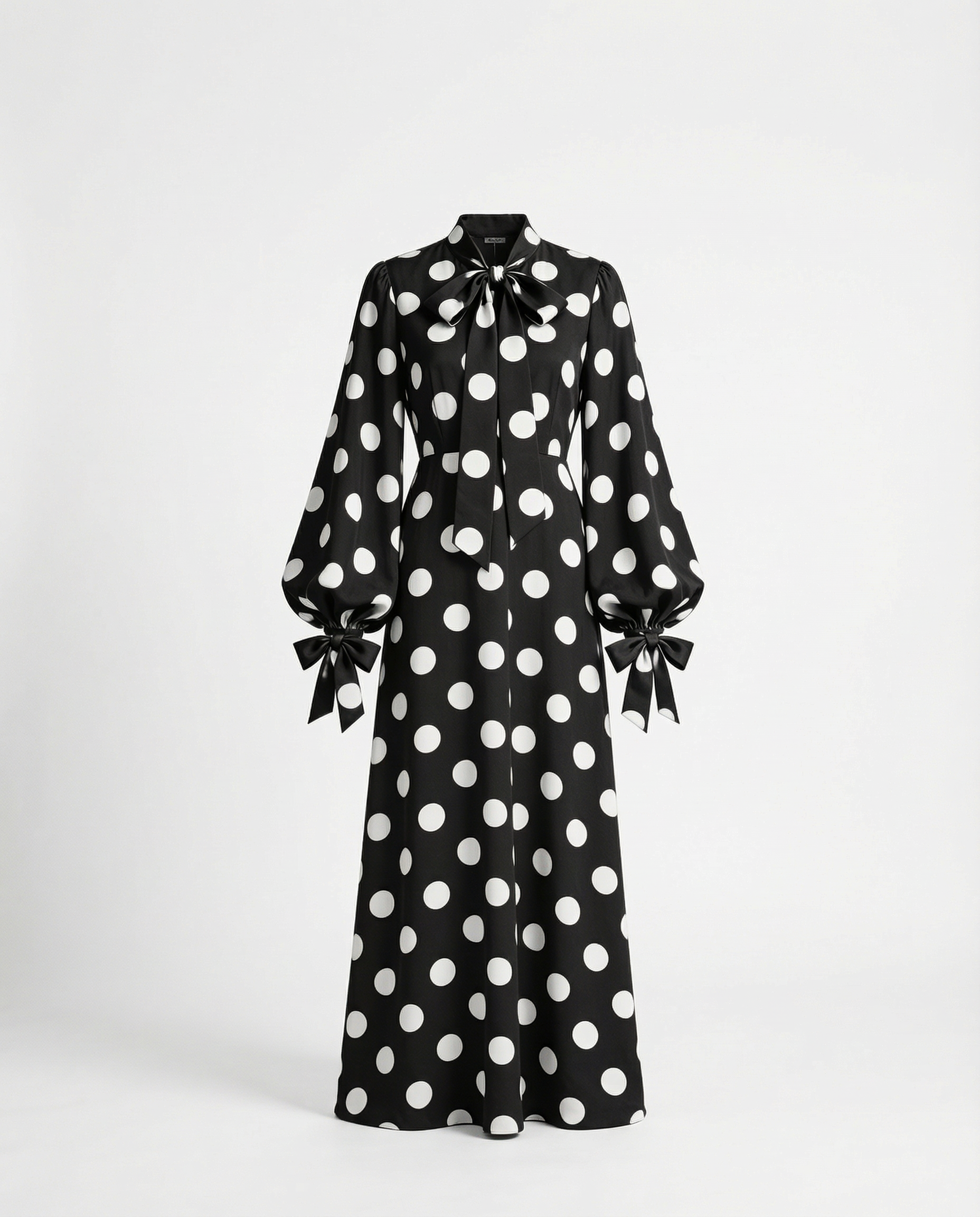 Polka-Dot Silk Maxi Dress with Pussy-Bow Neck
