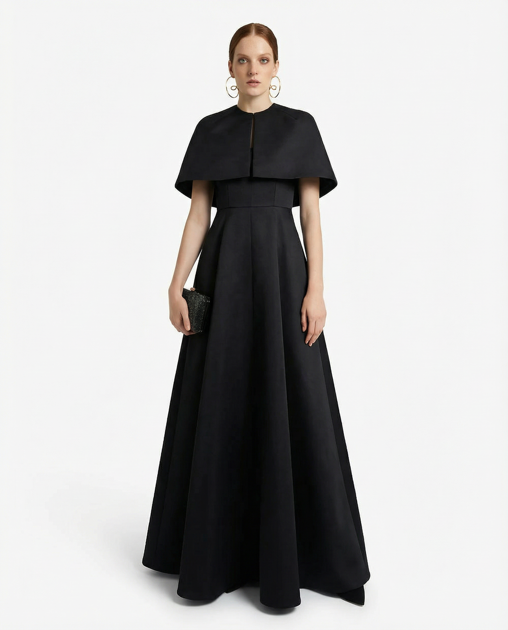 Black Silk Sculptural Cape Evening Dress
