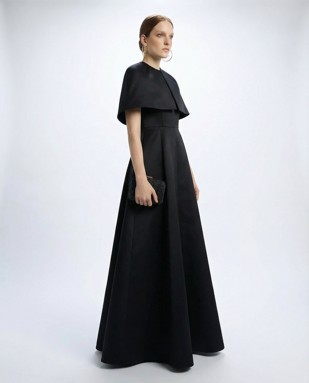 Black Silk Sculptural Cape Evening Dress