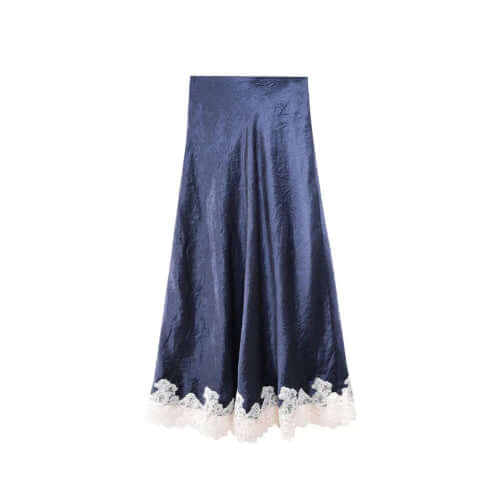 Crinkle Satin Midi Skirt with a Vintage Lace Trim - Navy Blue