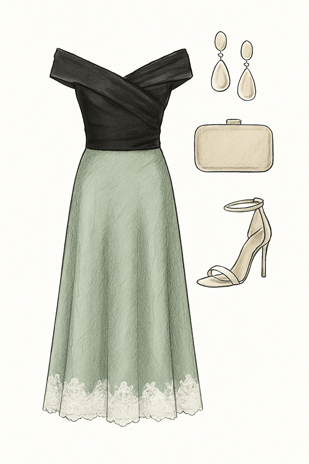 Crinkle Satin Midi Skirt with a Vintage Lace Trim - Sage Green