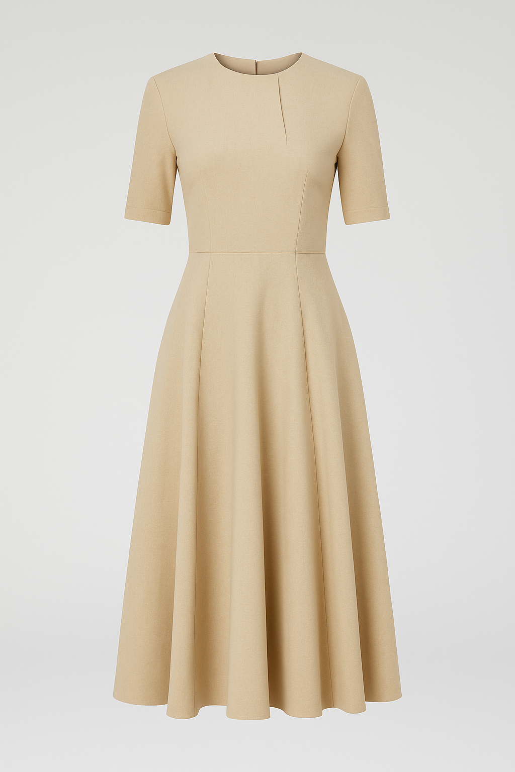 Fit and Flare Dress – Pleated Neckline & Short Sleeves in Ponte Piqué