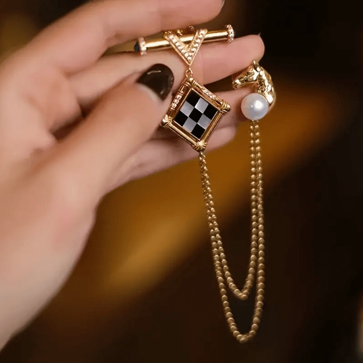 Gold Double Chain Brooch – Horse Head & Checkerboard Vintage Pin