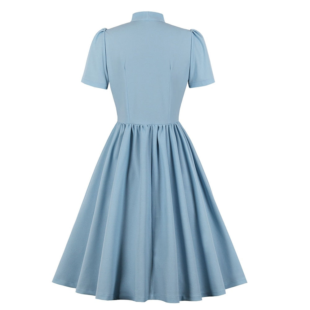 blue Bow Tie Neck Button Up Pleated Voyage Dress