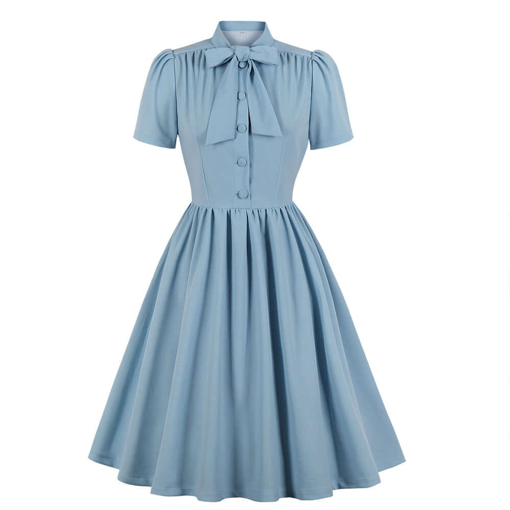 blue Bow Tie Neck Button Up Pleated Voyage Dress