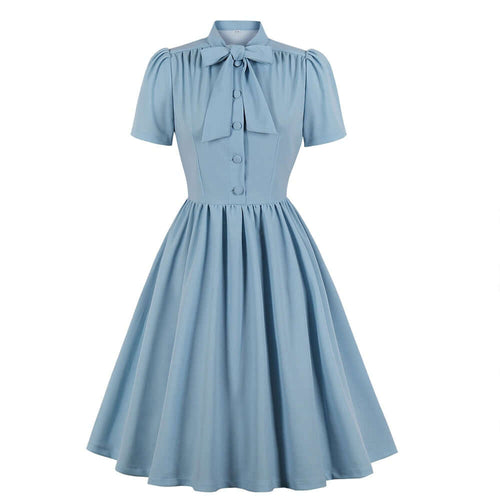 blue Bow Tie Neck Button Up Pleated Voyage Dress