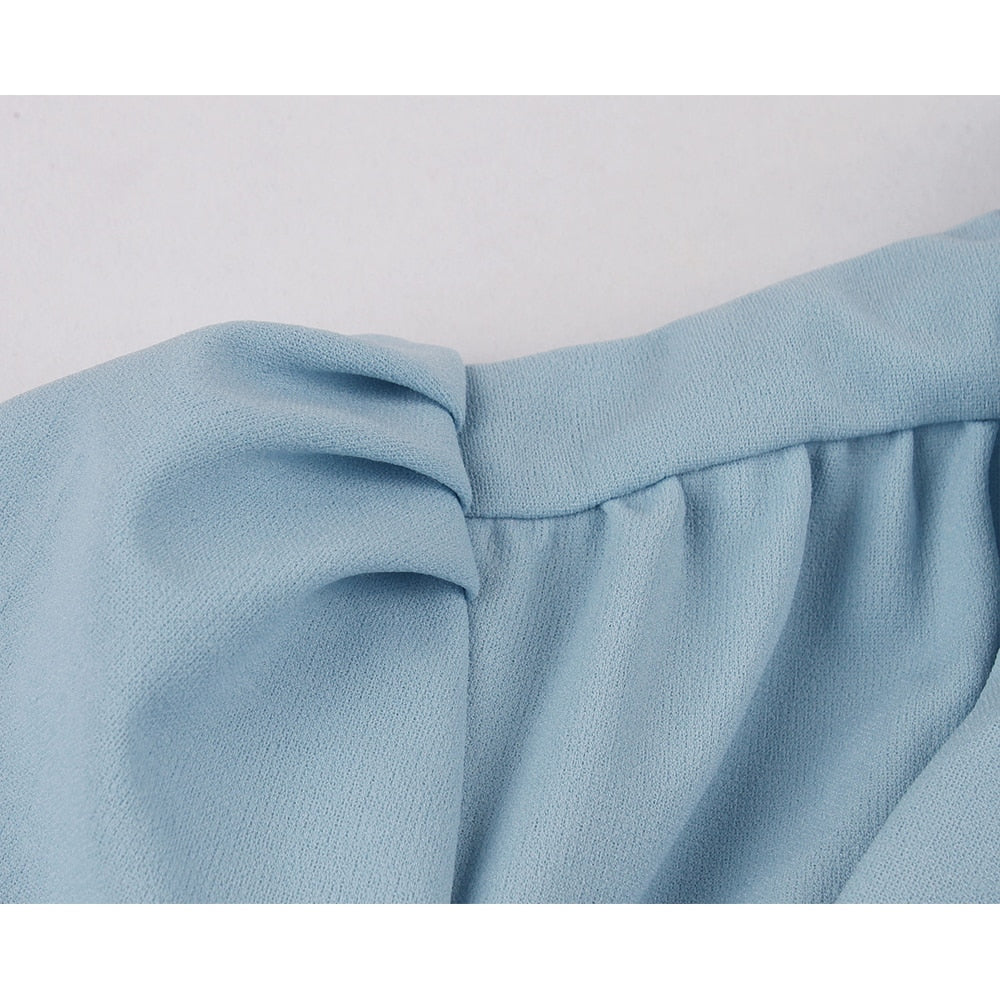 blue Bow Tie Neck Button Up Pleated Voyage Dress