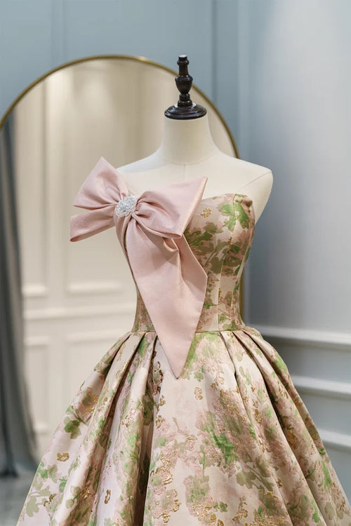 Strapless Aline Skater Dress with Bow Detail - Spring Garden Jacquard